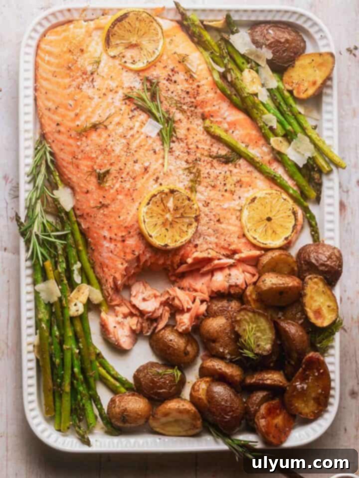 41 Easy Sheet Pan Dinner Ideas 40 Lemony Brown Butter Salmon Dinner with Potatoes and Asparagus