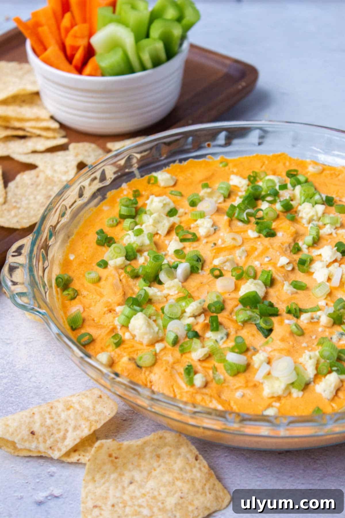 Lightened Buffalo Chicken Dip with Cottage Cheese 12 A top-down view of the Healthy Buffalo Chicken Dip, garnished and ready to serve.