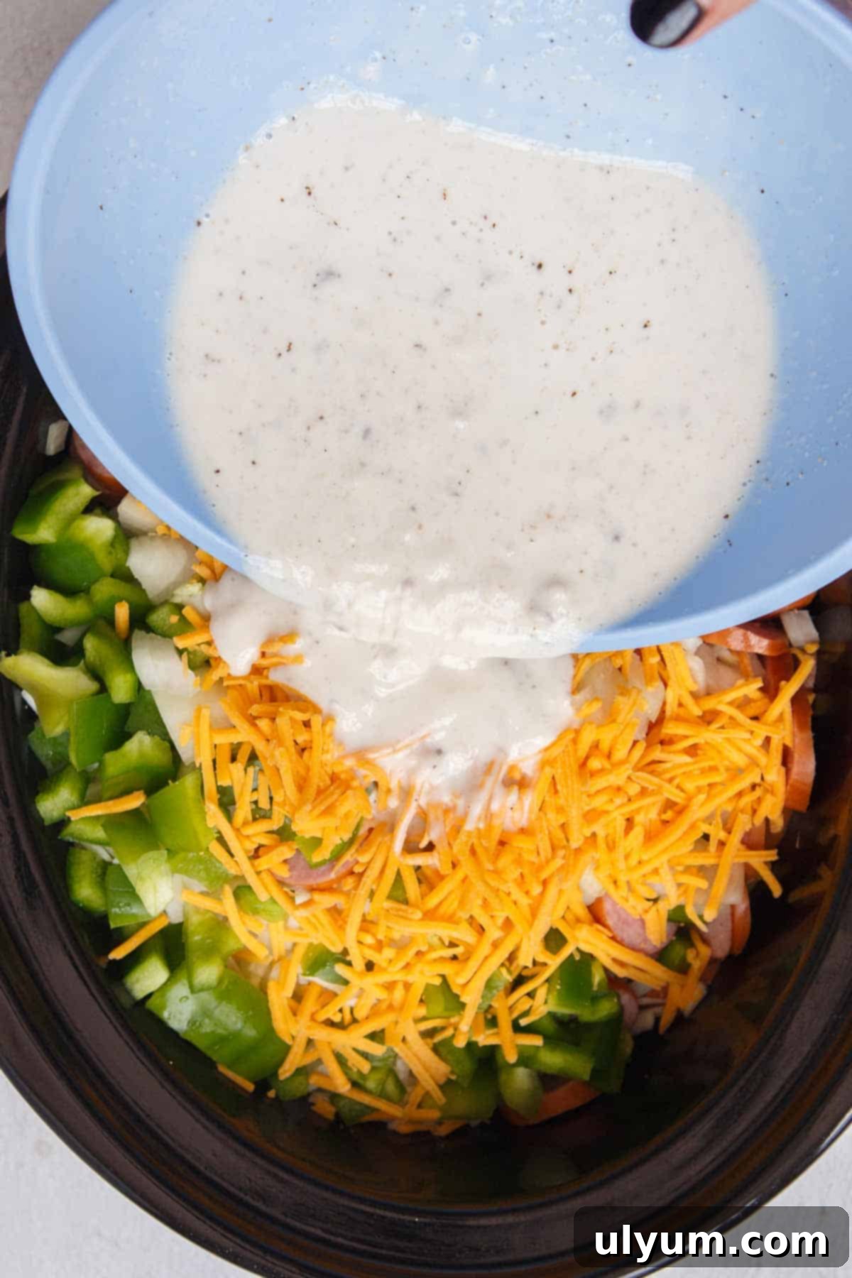 Pouring the soup mixture into the slow cooker.