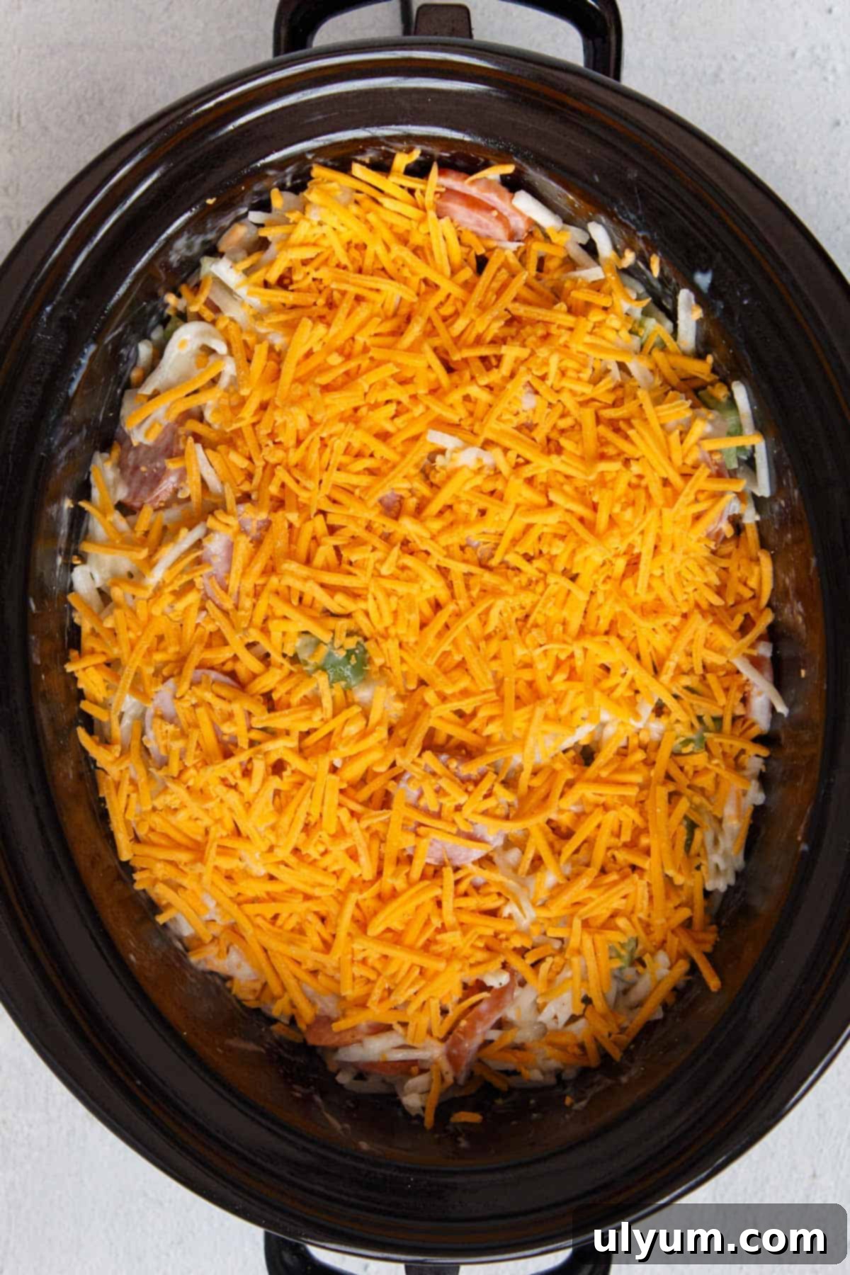 Slow Cooker Cheesy Kielbasa Hash Brown Casserole before cooking