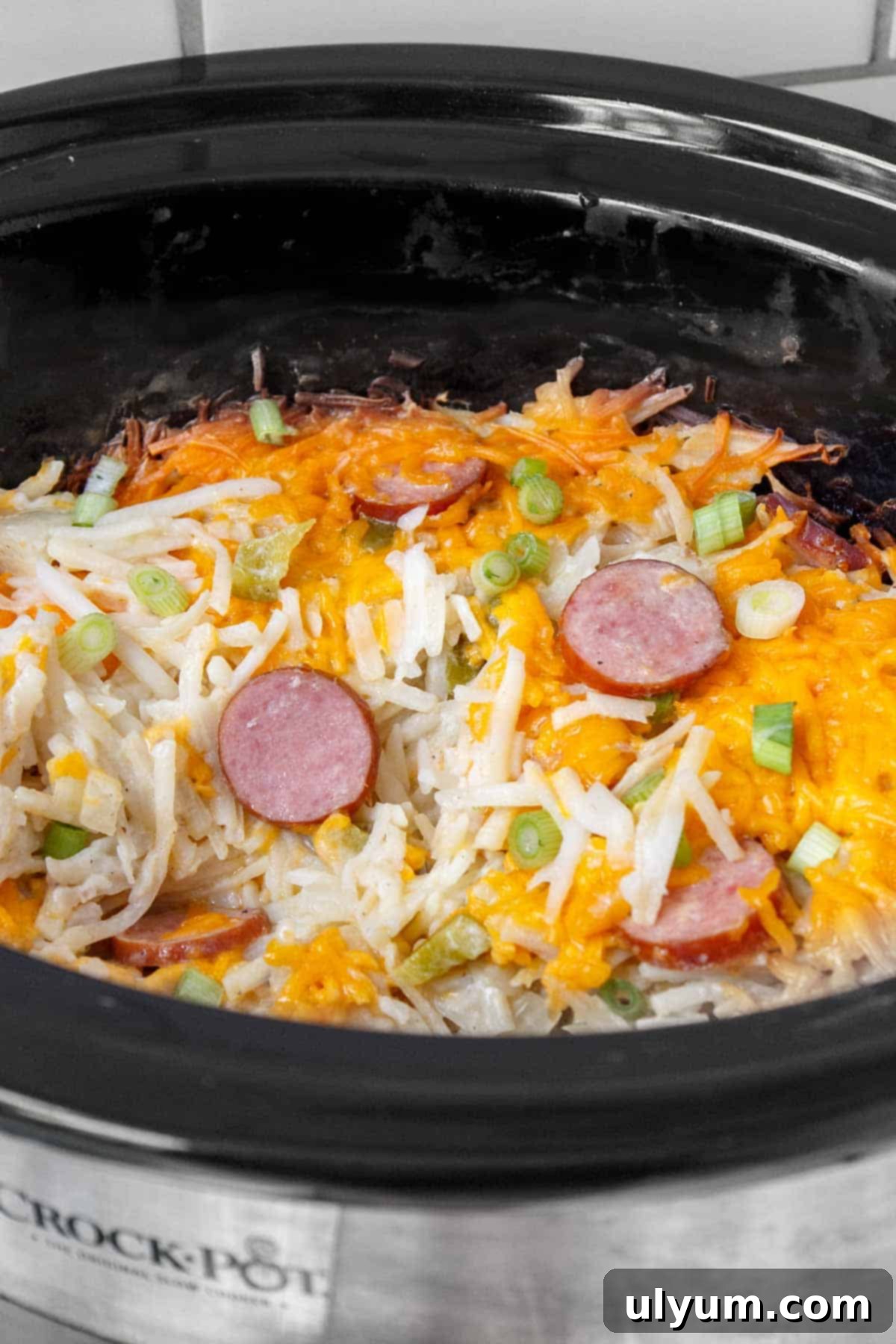 Slow Cooker Cheesy Kielbasa Hash Brown Casserole mixed