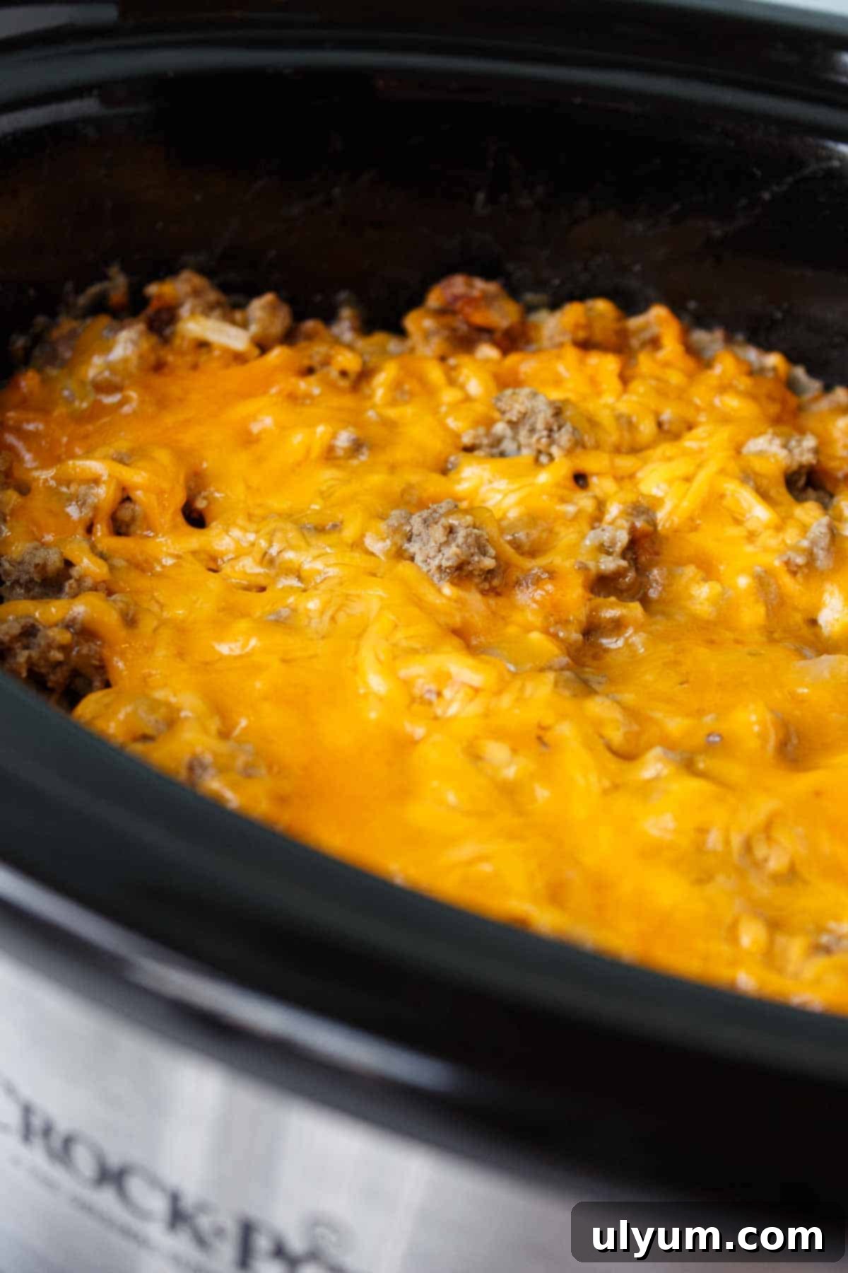 Crockpot Hamburger Hashbrown Casserole in the slow cooker after cooking