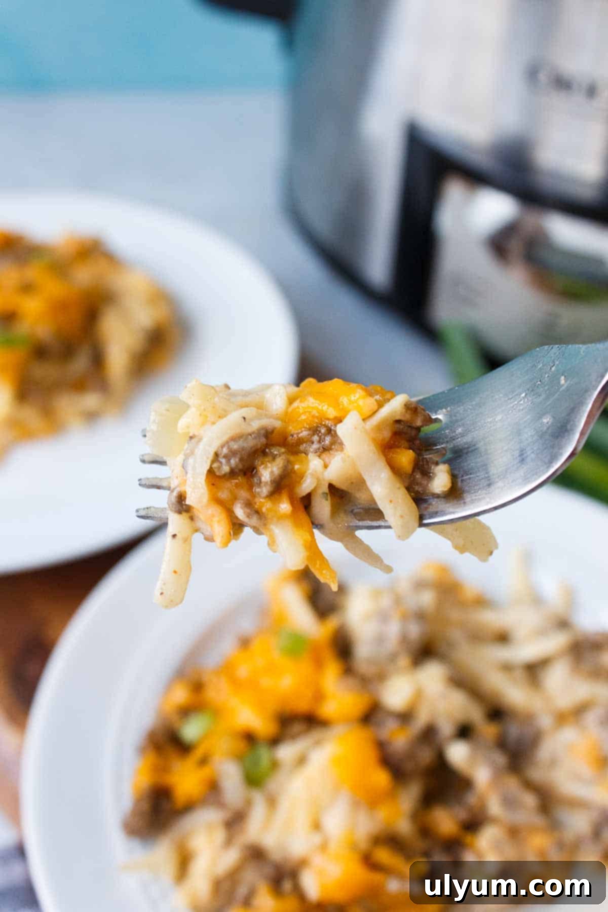 Forkful of Crockpot Hamburger Hashbrown Casserole