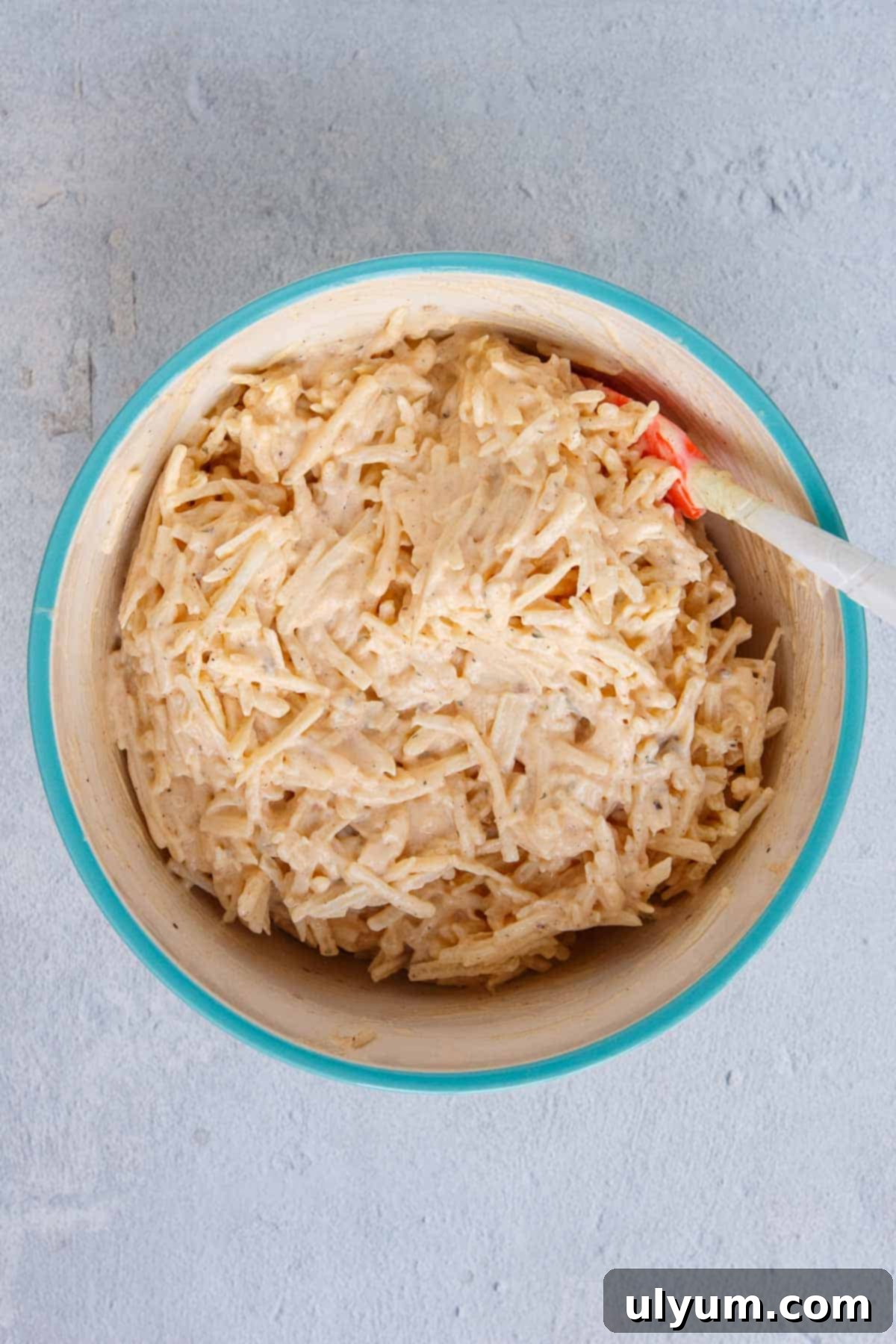 Shredded hash browns coated in soup mixture