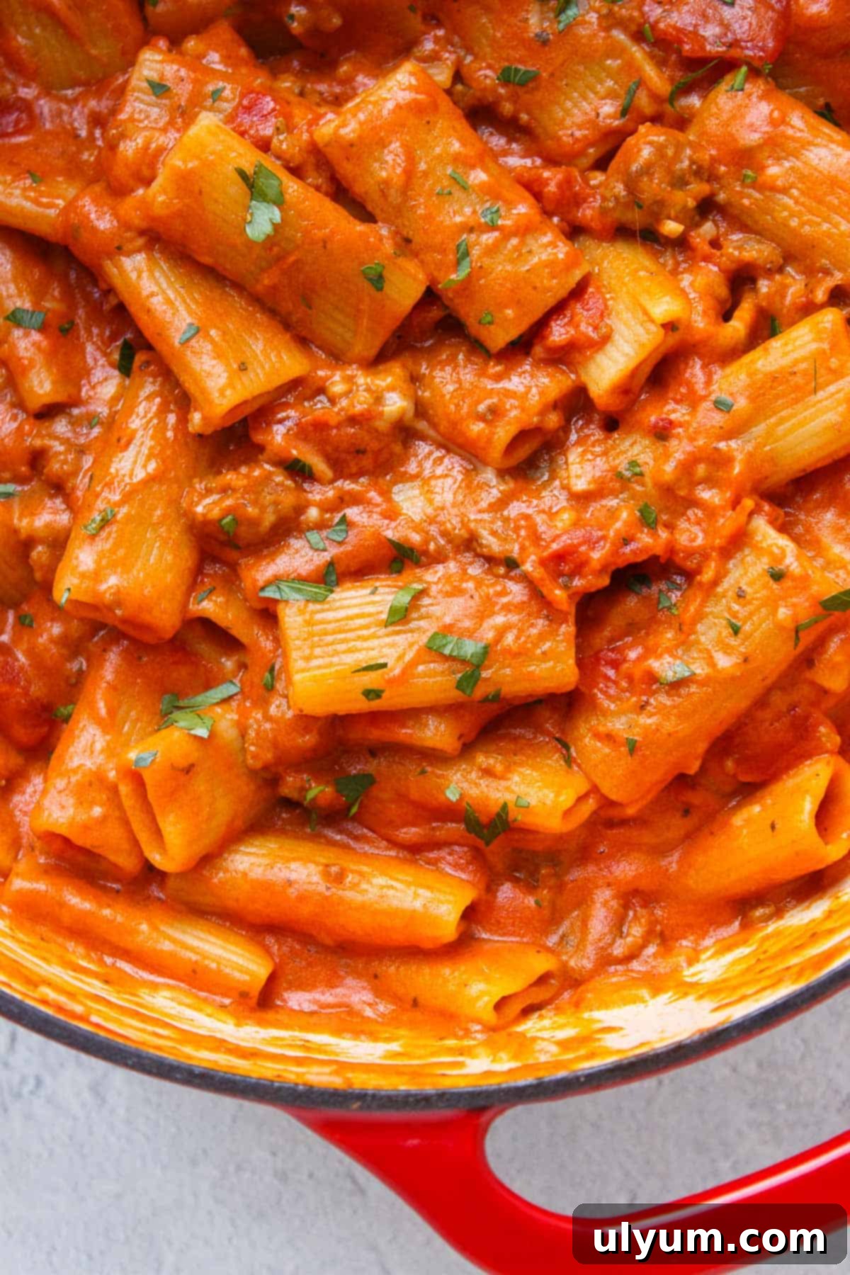 Creamy One-Pot Italian Sausage Pasta 11 Creamy One Pot Rigatoni served in a bowl and garnished with fresh basil leaves.