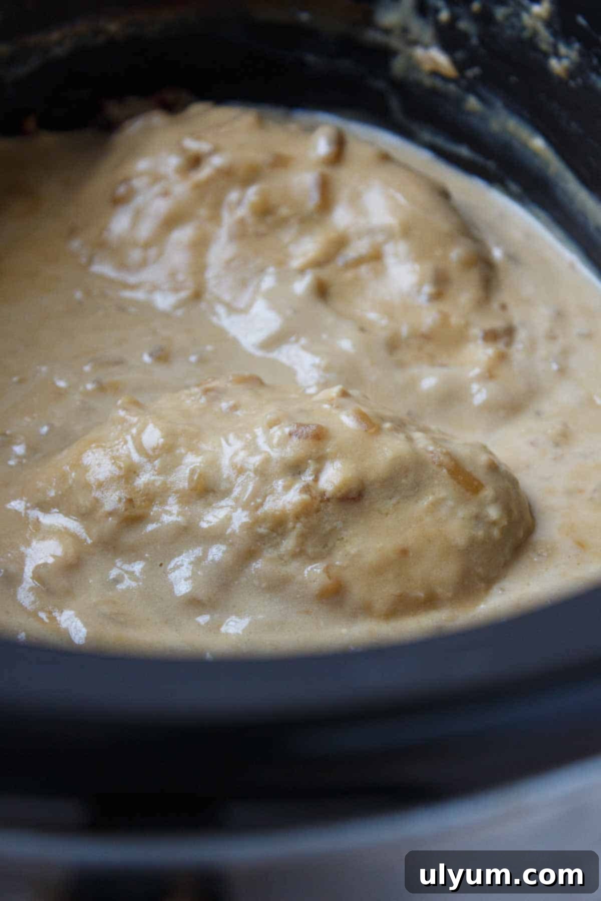 Cooked 4-Ingredient Crockpot Chicken, showing tender chicken in a rich, creamy sauce