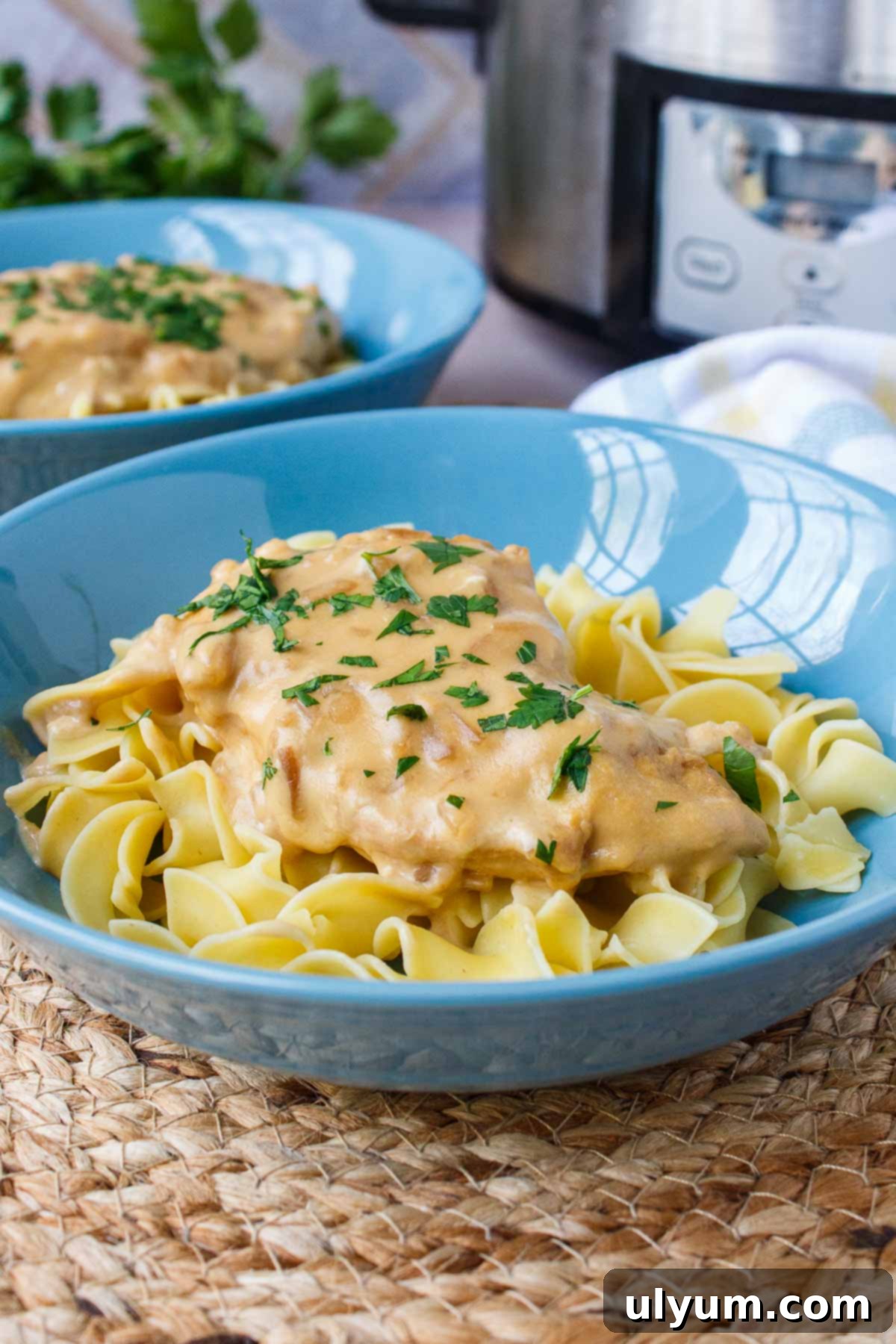 4-Ingredient Crockpot Chicken served generously over a bed of egg noodles