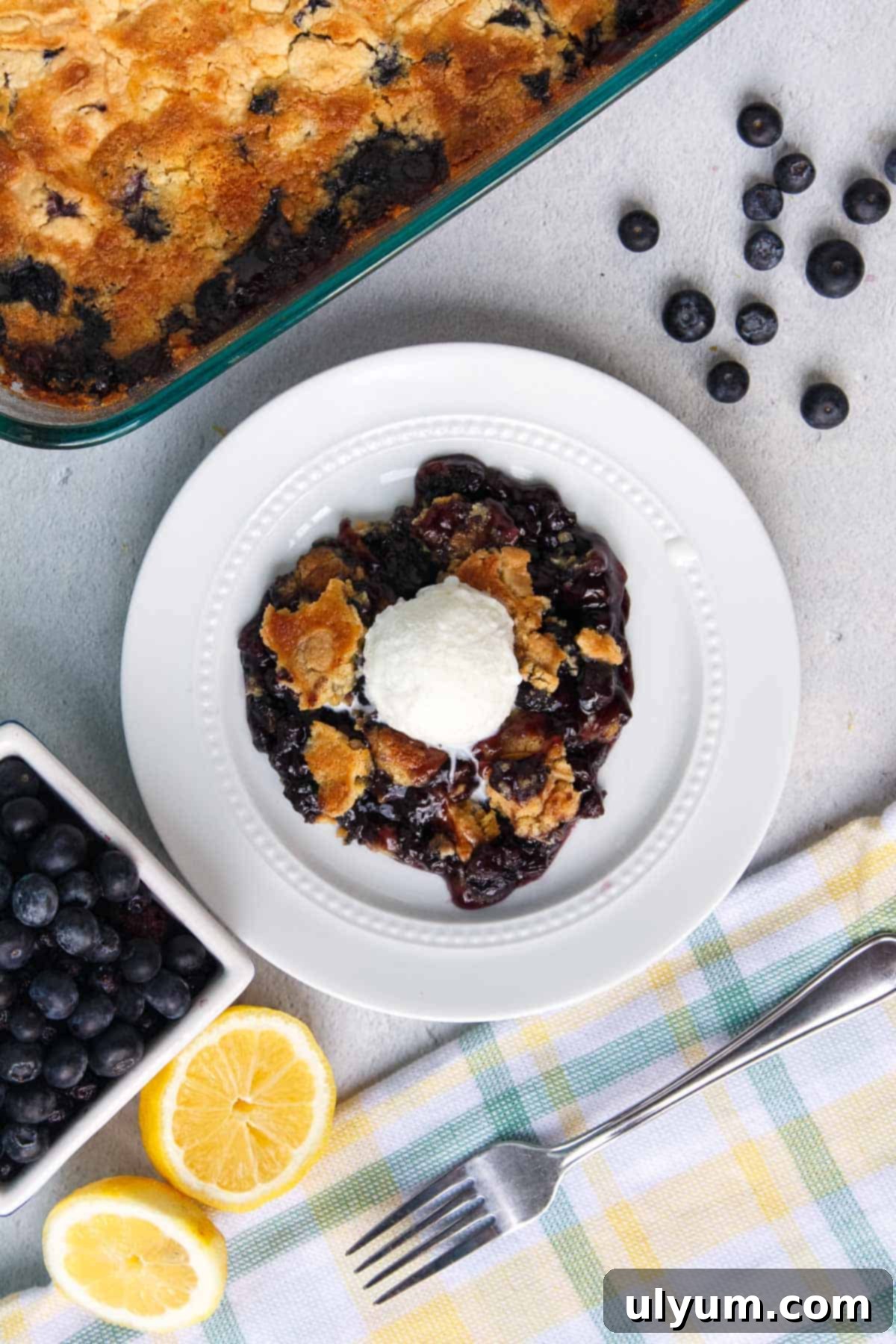 Blueberry Dump Cake topped with ice cream