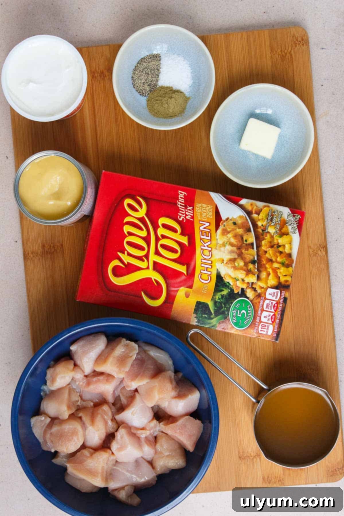 Instant Pot Chicken Stuffing Casserole ingredients laid out