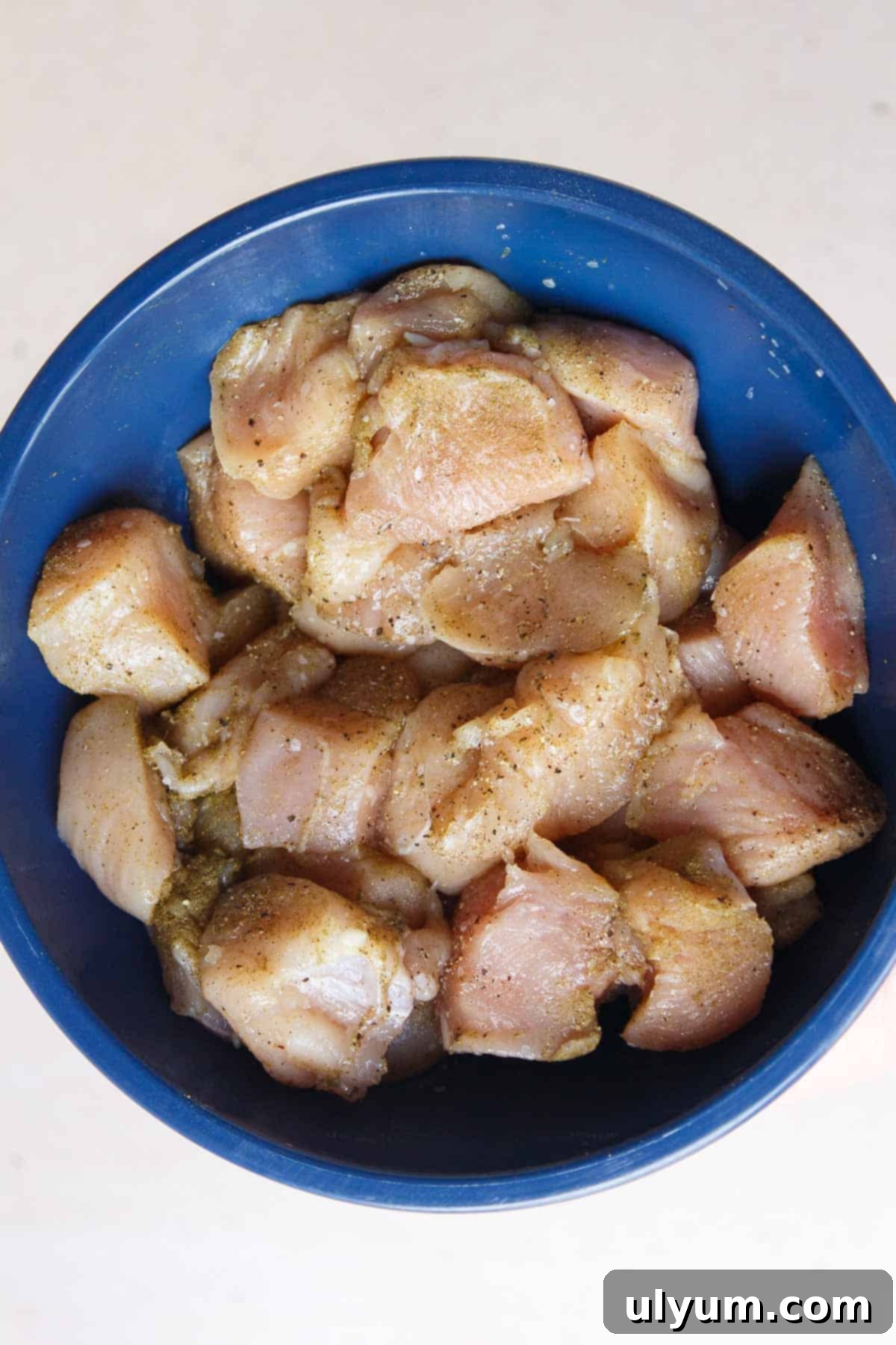 Raw diced chicken breast coated in seasoning in a small mixing bowl, ready for the Instant Pot