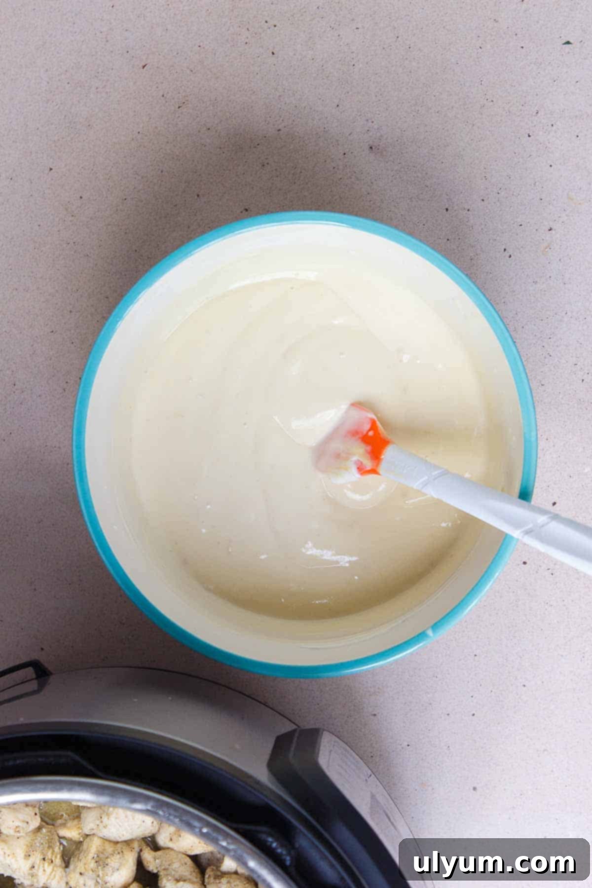Sour cream, chicken broth, and cream of chicken soup mixed together until combined in a mixing bowl for the casserole sauce