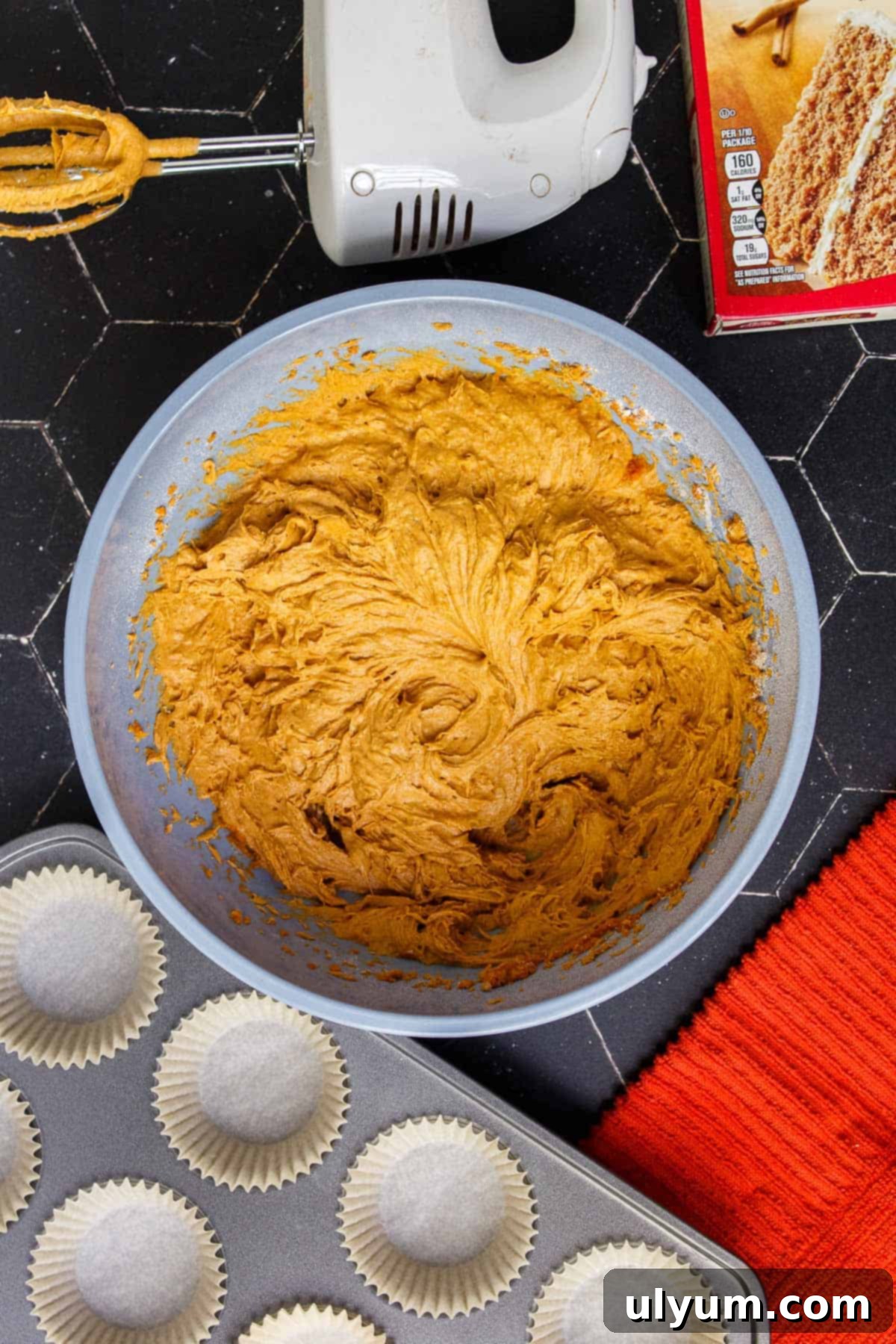 2-Ingredient Pumpkin Muffins batter in a mixing bowl