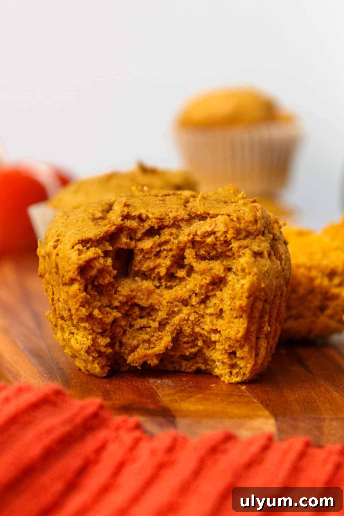 A bite is taken out of a pumpkin muffin to show the fluffy texture