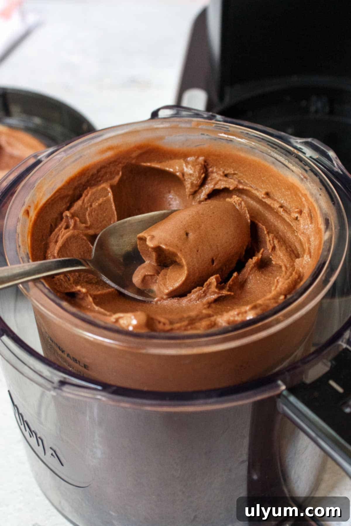 Ninja Creami Chocolate Protein Ice Cream scooped into a spoon, showing its soft-serve-like texture