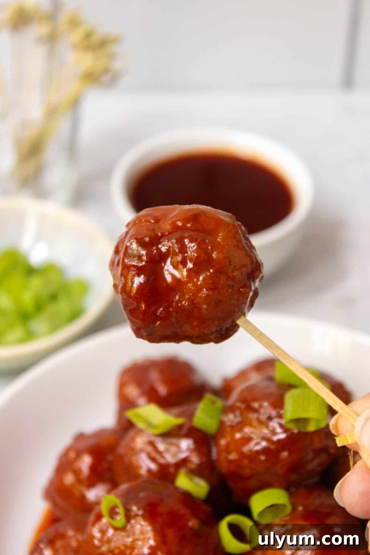 A single Instant Pot Grape Jelly Meatball expertly placed on a wooden toothpick for serving.