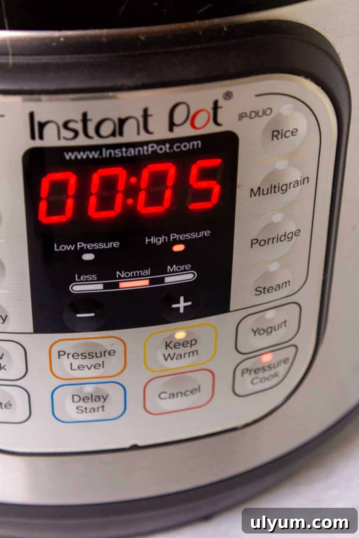 Instant Pot display showing the pot is set to pressure cook on high for 5 minutes.
