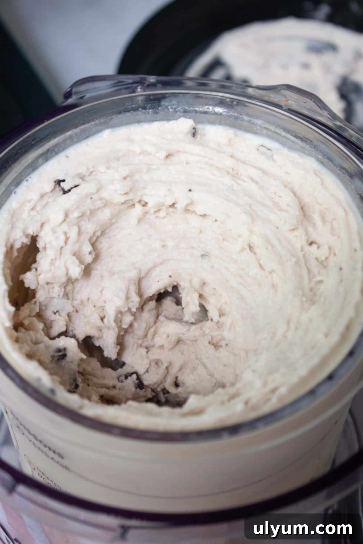 The finished Ninja Creami Oreo Protein Ice Cream, smooth with evenly distributed Oreo chunks, ready to be served