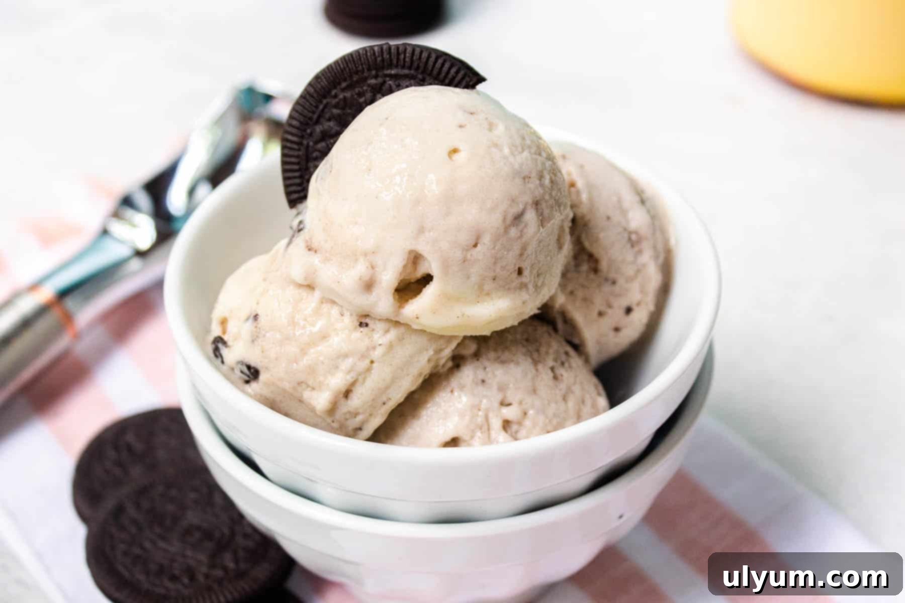 Close-up of Ninja Creami Oreo Protein Ice Cream in a pint, showing creamy texture and cookie pieces, ready to be eaten