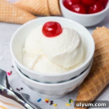 Ninja Creami Vanilla Ice Cream with a cherry on top, ready to be served