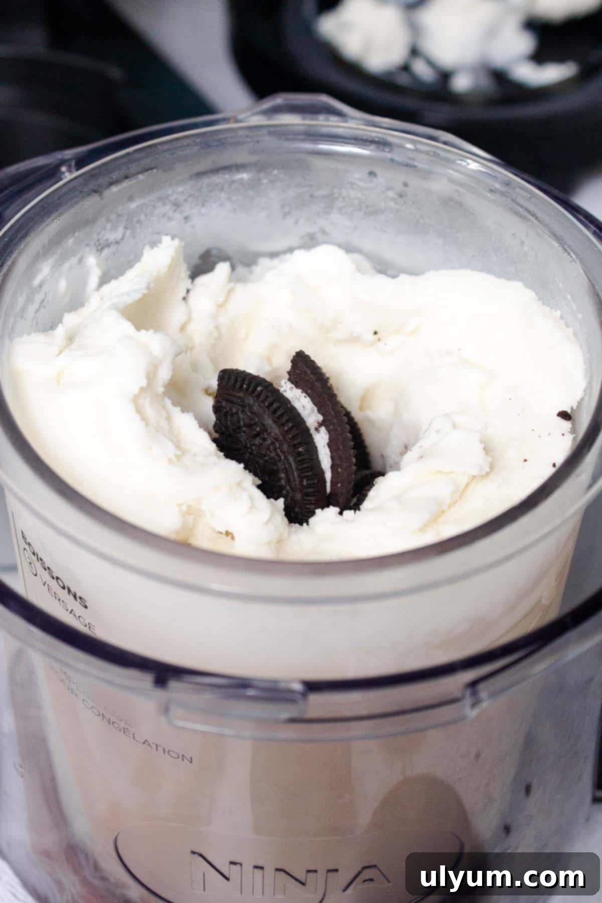 Halved oreos are inserted into the hole in the center of the vanilla ice cream pint.