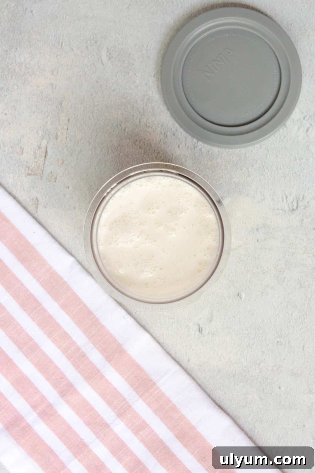 The liquid vanilla ice cream mixture is poured into a clean pint