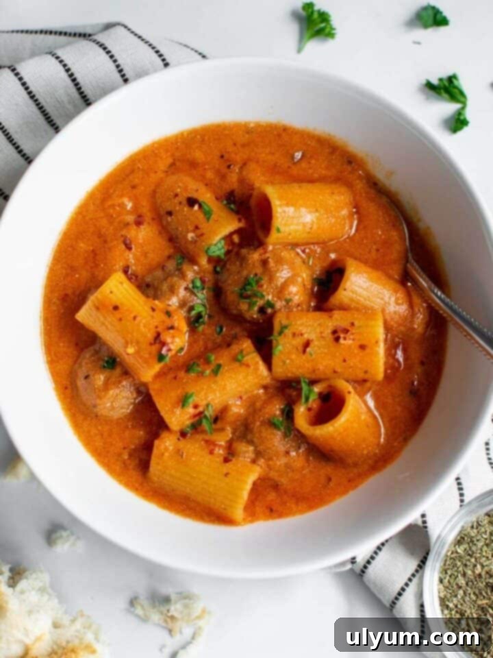 Effortless Frozen Meatball Meals 17 Ways 17 Creamy Rigatoni Meatball Soup in a bowl with a spoon.