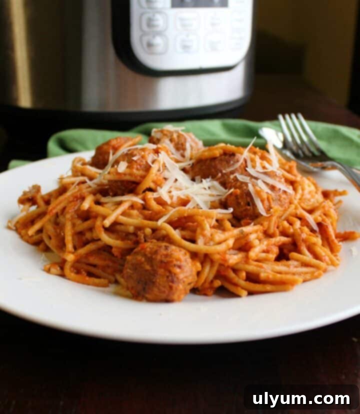 Effortless Frozen Meatball Meals 17 Ways 7 Creamy spaghetti and meatballs with fresh parsley garnish.