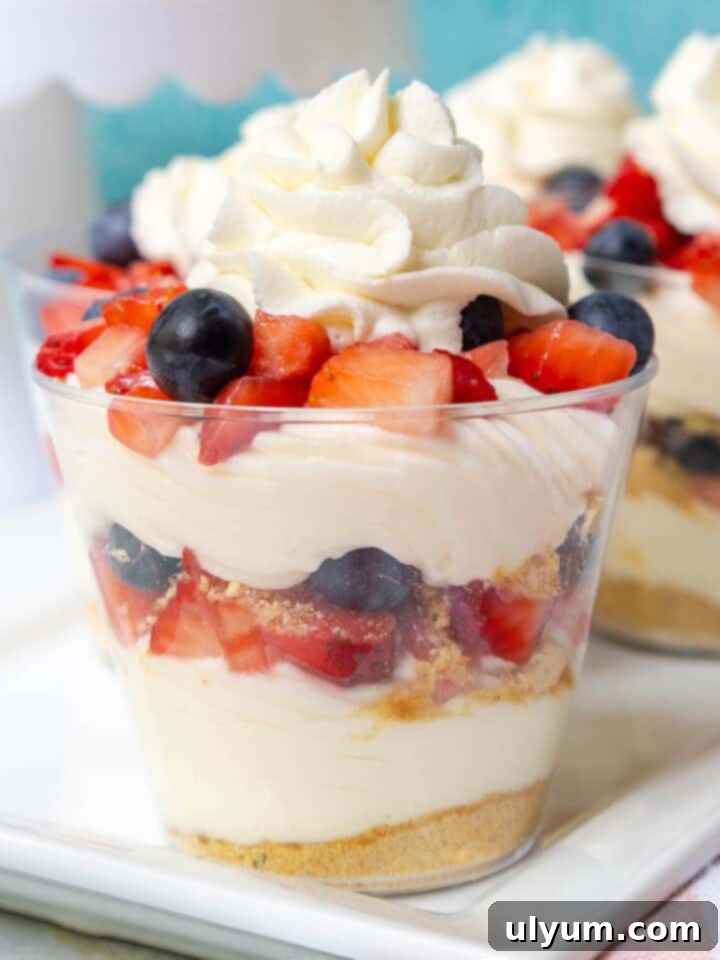 Layered no bake cheesecake cups with repeating layers of crust, cream cheese mixture, fresh blueberrie and diced strawberries, and whipped cream.
