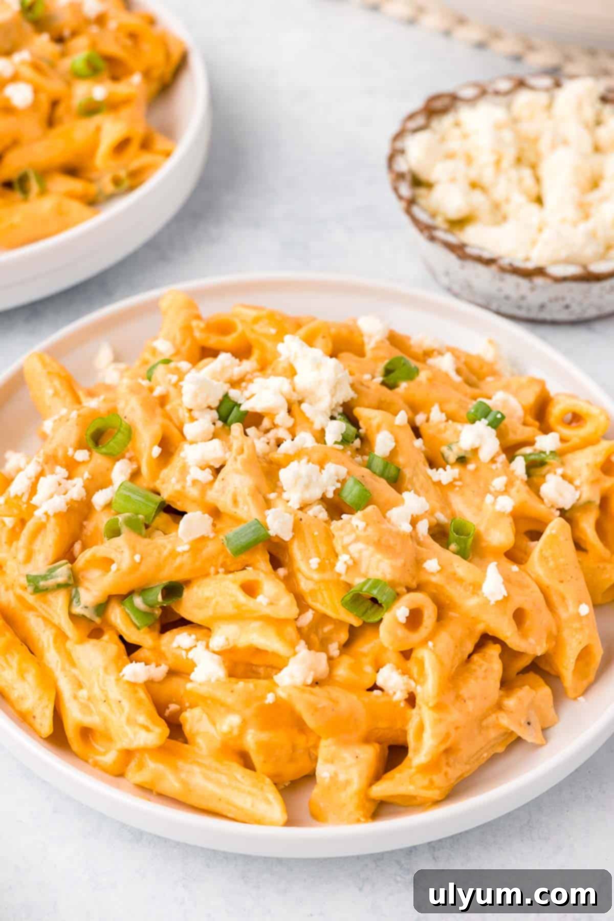 One-Pot Buffalo Chicken Mac and Cheese 2 Buffalo Chicken Pasta topped with feta cheese crumbles and fresh herbs