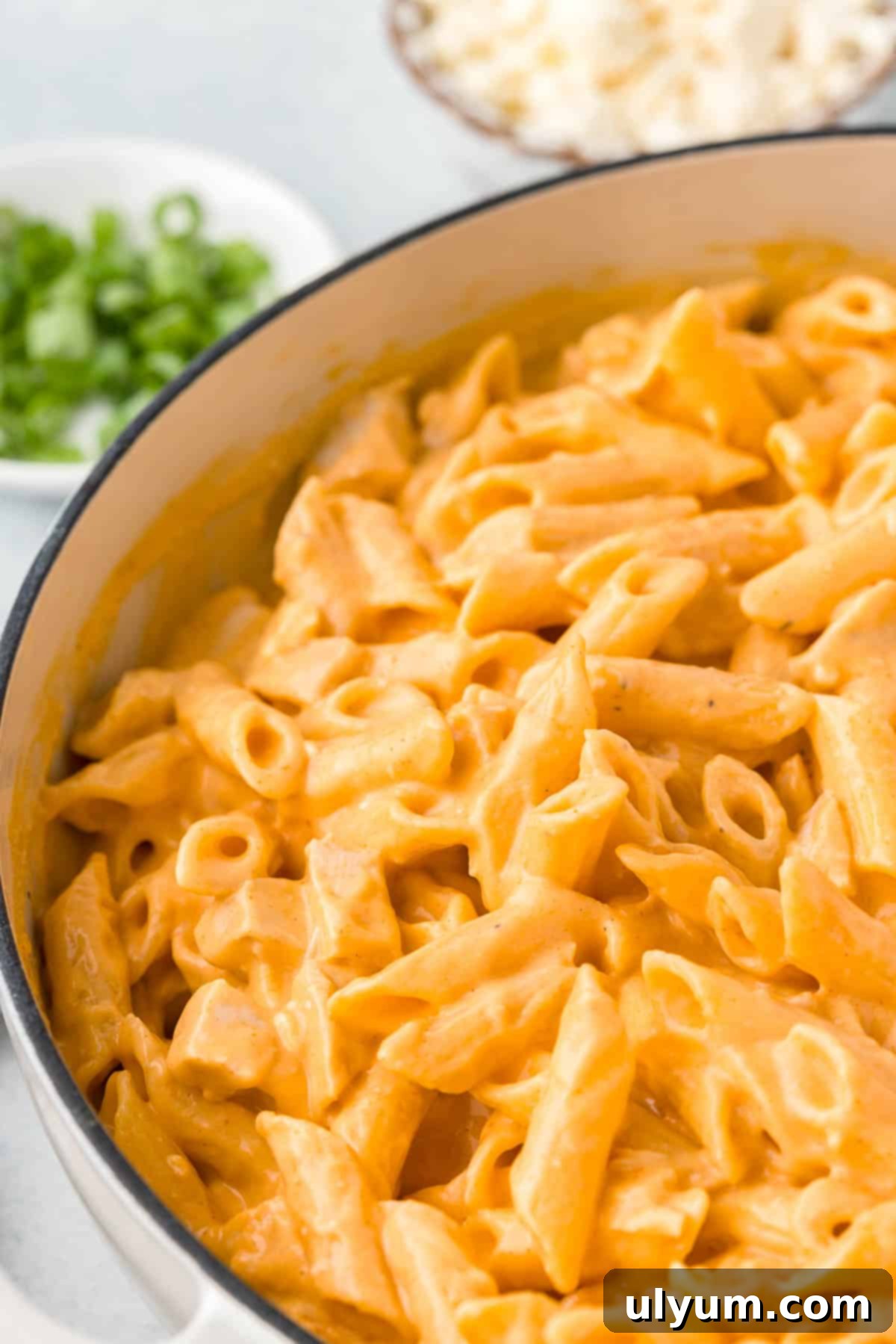 One-Pot Buffalo Chicken Mac and Cheese 11 Finished Buffalo Chicken Pasta in a large serving dish