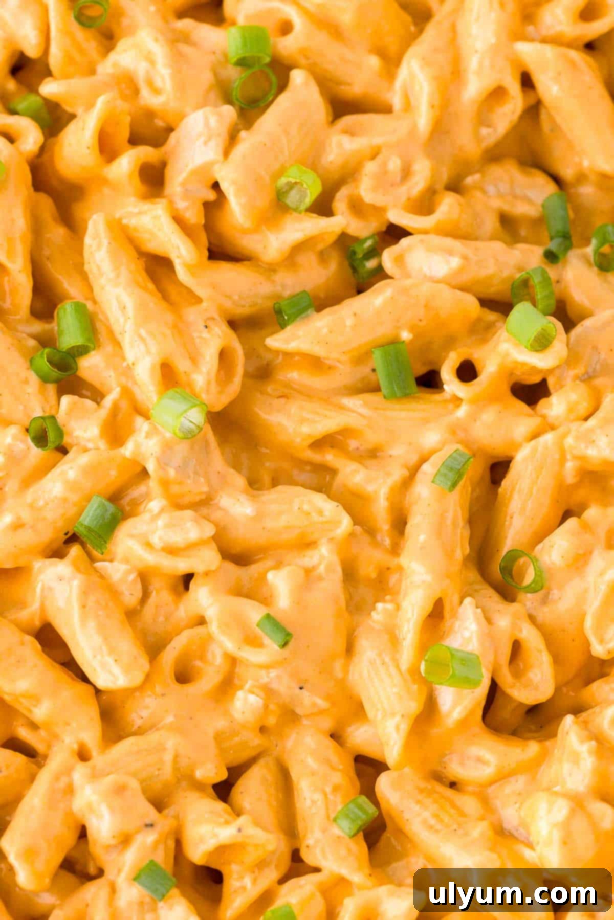 One-Pot Buffalo Chicken Mac and Cheese 13 Close up shot of Buffalo Chicken Pasta garnished with green onions and fresh cheese