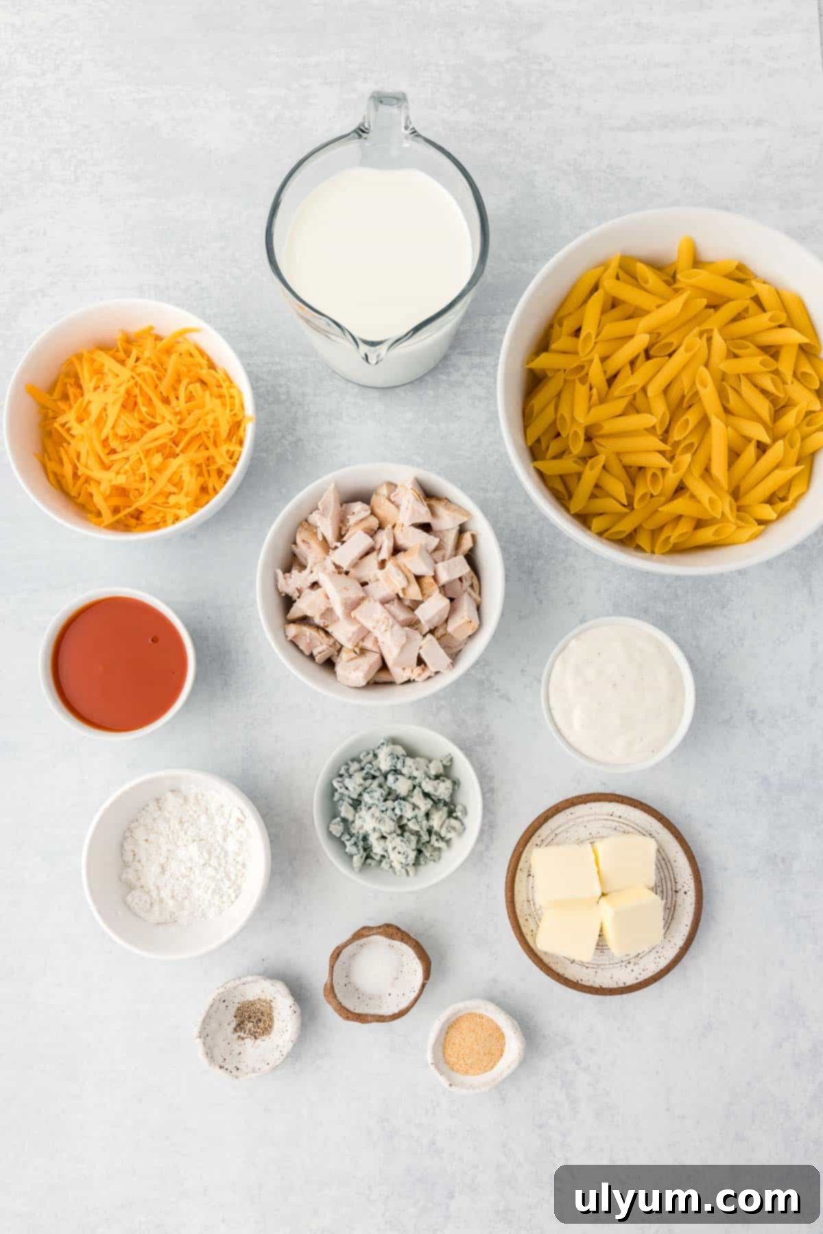 One-Pot Buffalo Chicken Mac and Cheese 3 Buffalo Chicken Pasta ingredients laid out