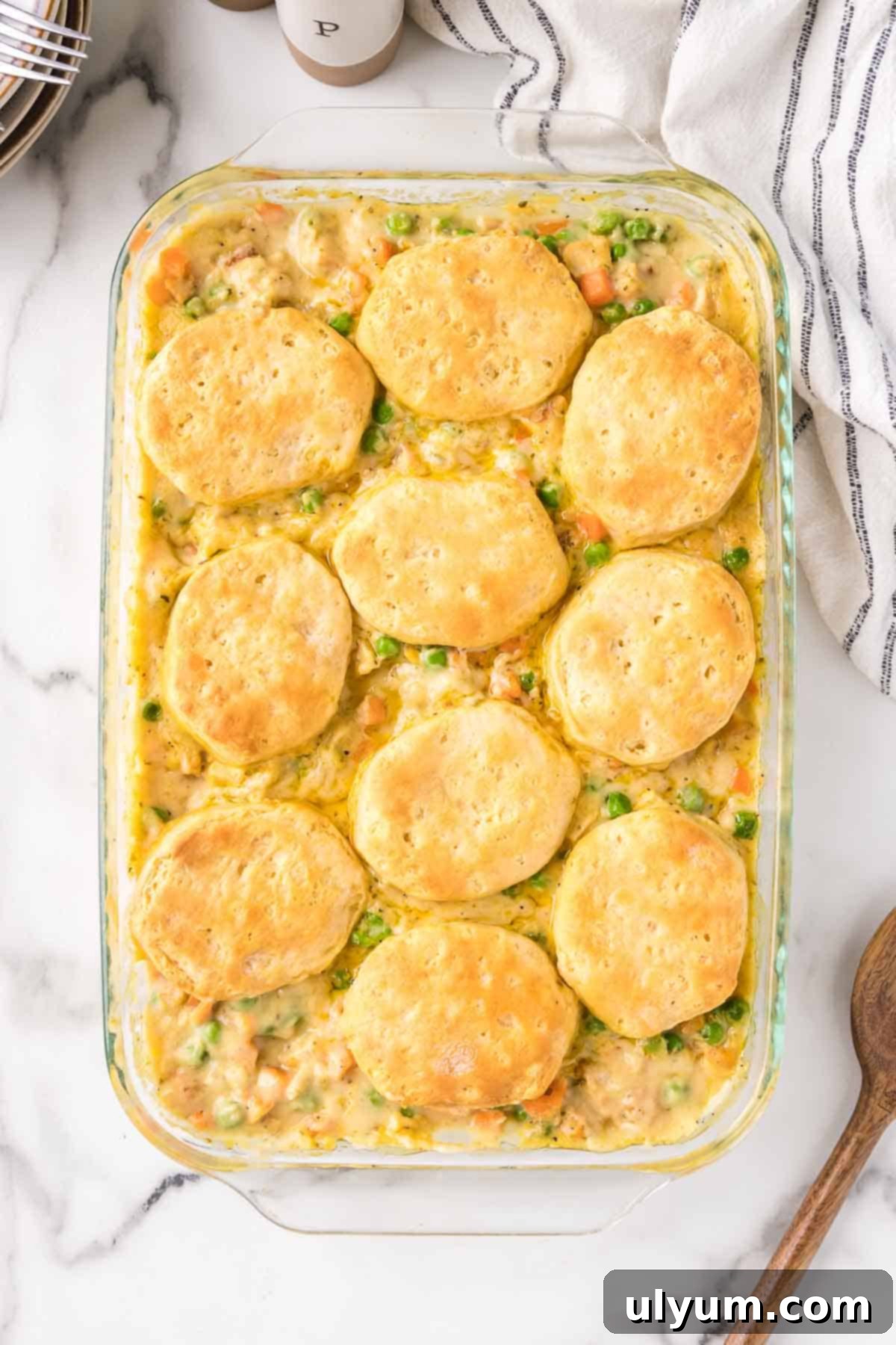 Chicken pot pie casserole is baked until the biscuits are golden brown and the filling is bubbling