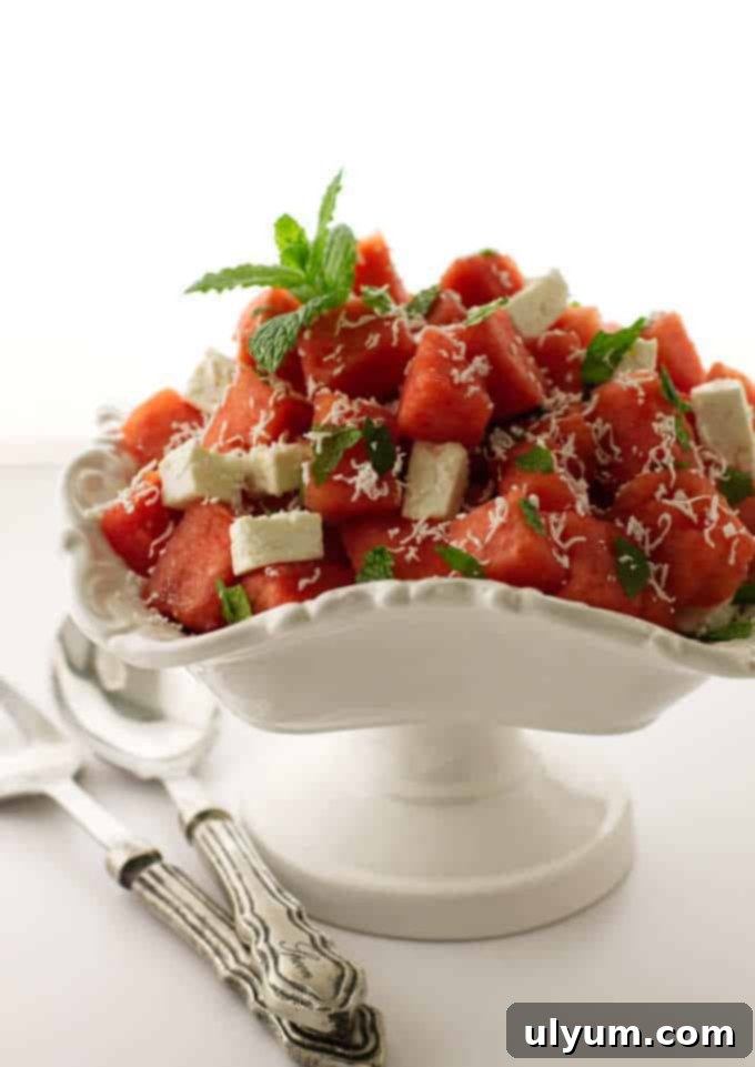 Watermelon Feta Mint Salad, a simple, light, and refreshing side dish perfect for summer.