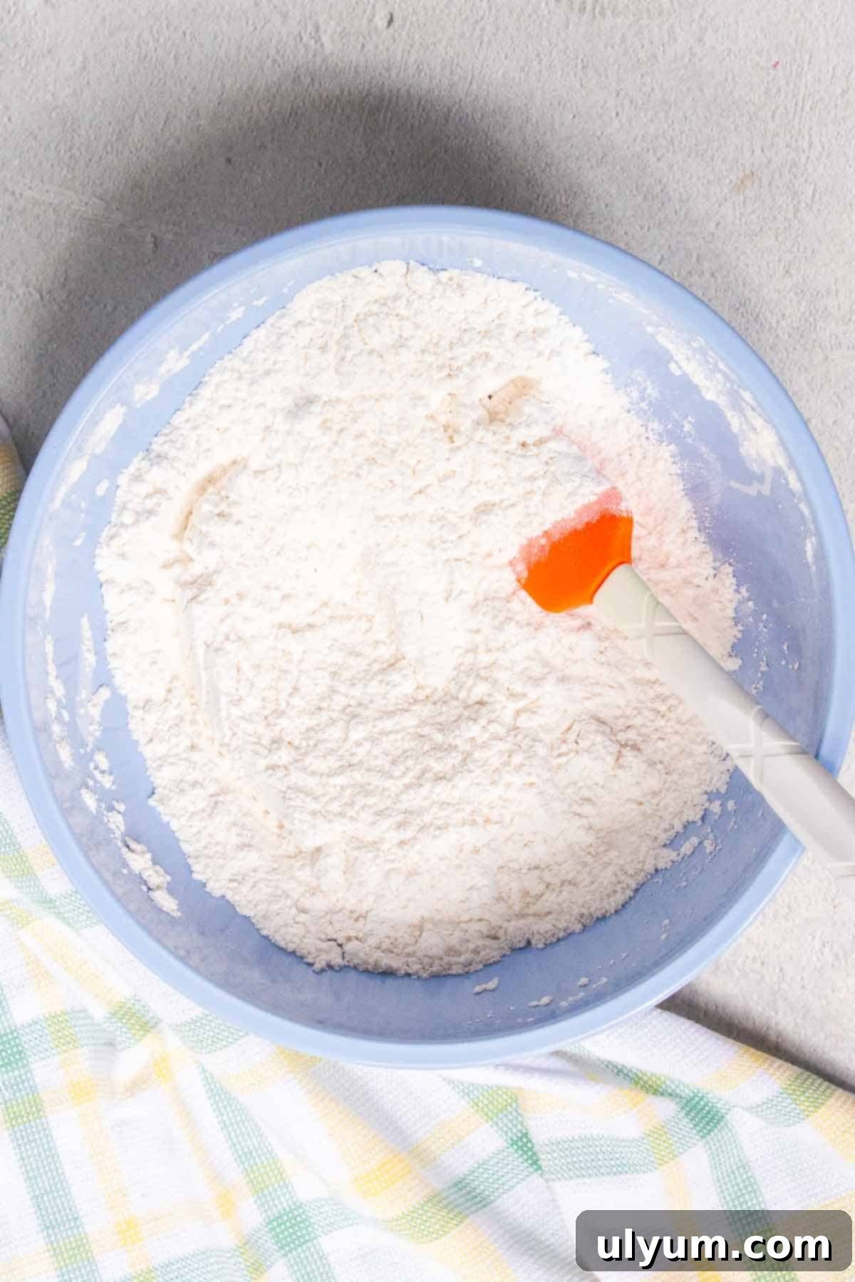 The dry ingredients are mixed together in a medium mixing bowl