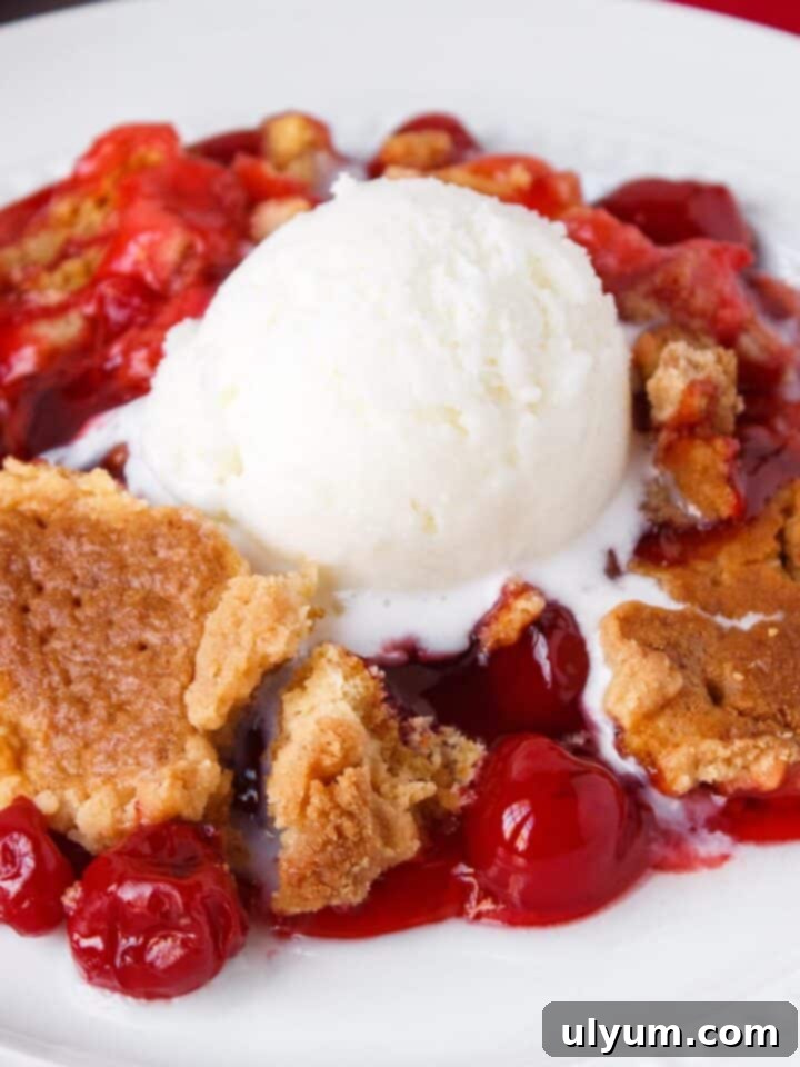 3-Ingredient Cherry Dump Cake with vanilla ice cream.