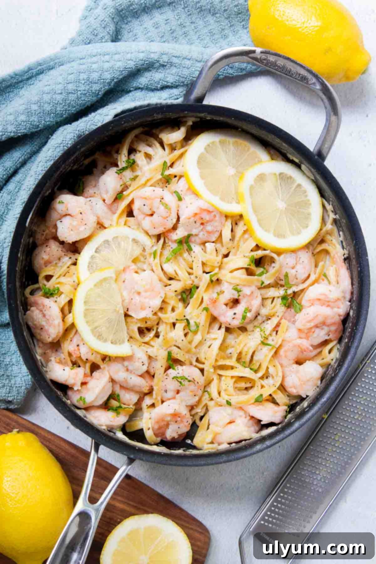 One Pot Lemon Garlic Shrimp Pasta garnished with fresh parsley