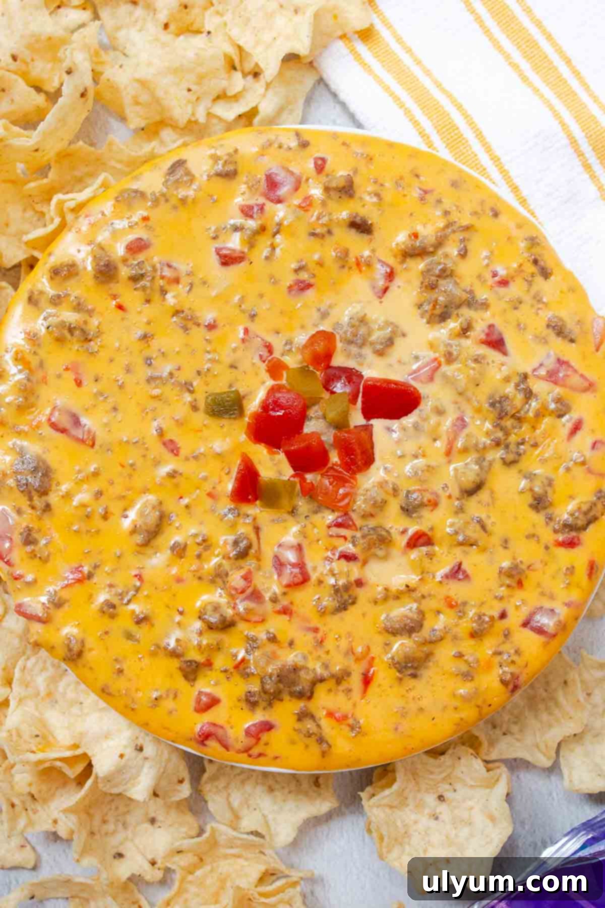 Ultimate Velveeta Sausage Dip 2 Velveeta Sausage Cheese Dip served warm in a decorative bowl with a pile of golden tortilla chips on the side, ready for dipping.