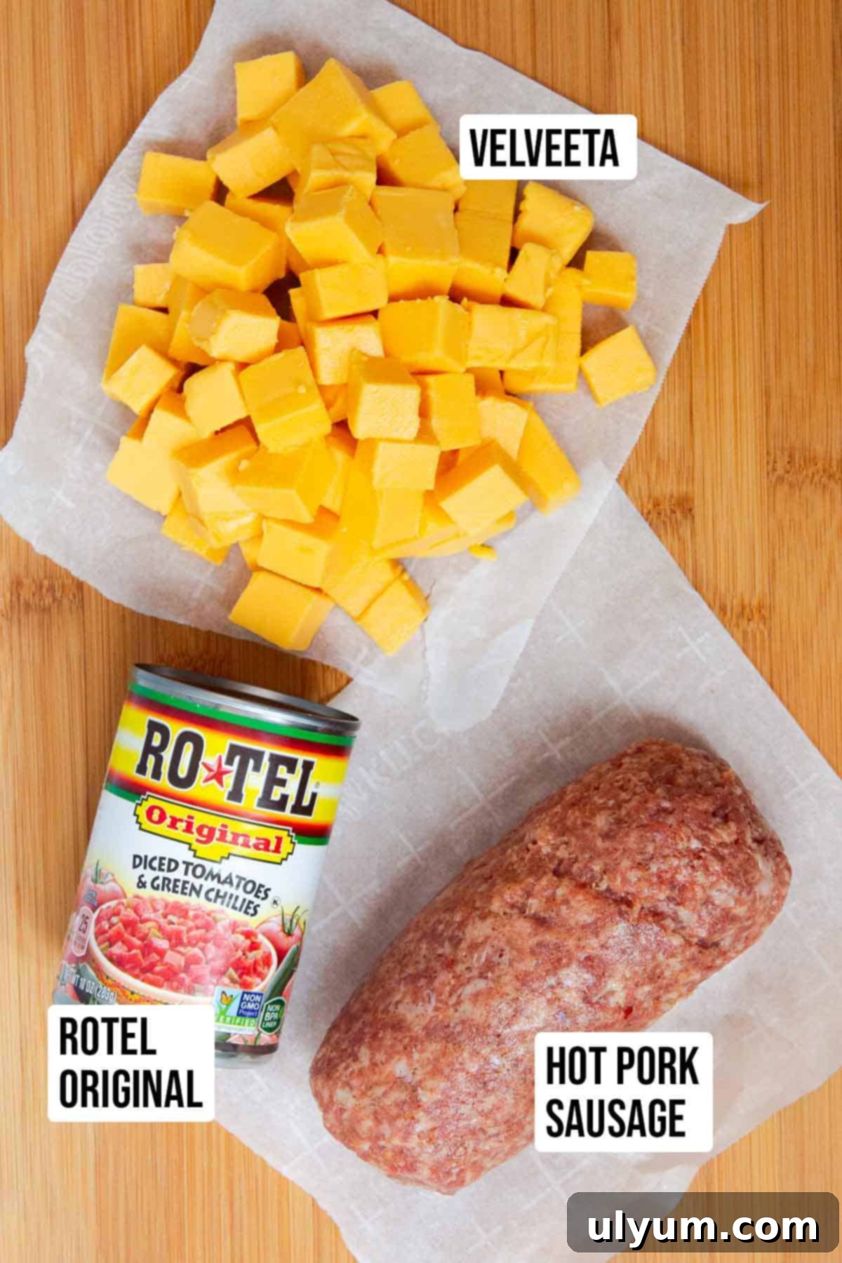 Ultimate Velveeta Sausage Dip 3 The three main ingredients for Velveeta Sausage Cheese Dip: a block of Velveeta cheese, a roll of hot pork sausage, and a can of Rotel diced tomatoes with green chilies.