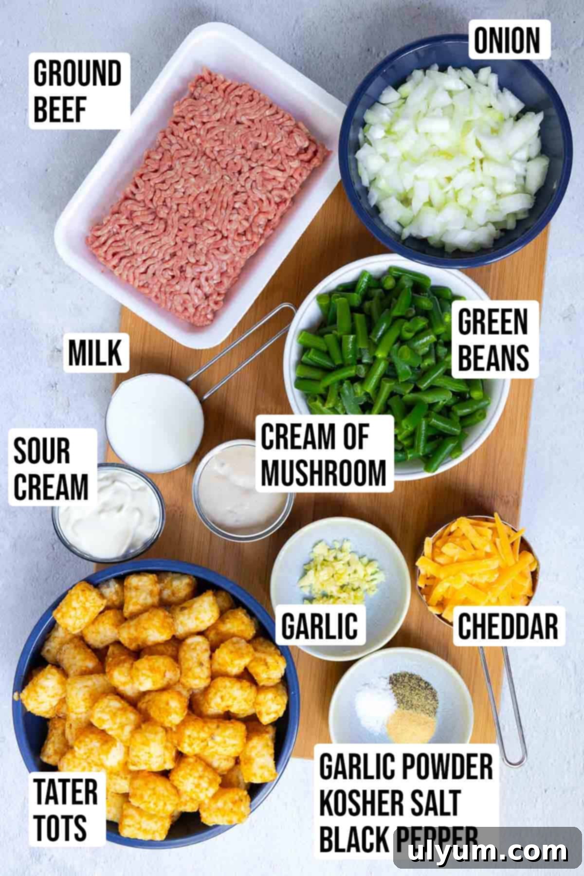 Tater tot casserole ingredients: ground beef, diced onion, minced garlic, condensed soup, milk, sour cream, frozen green beans, salt, pepper, garlic powder, shredded cheddar, and frozen tater tots.