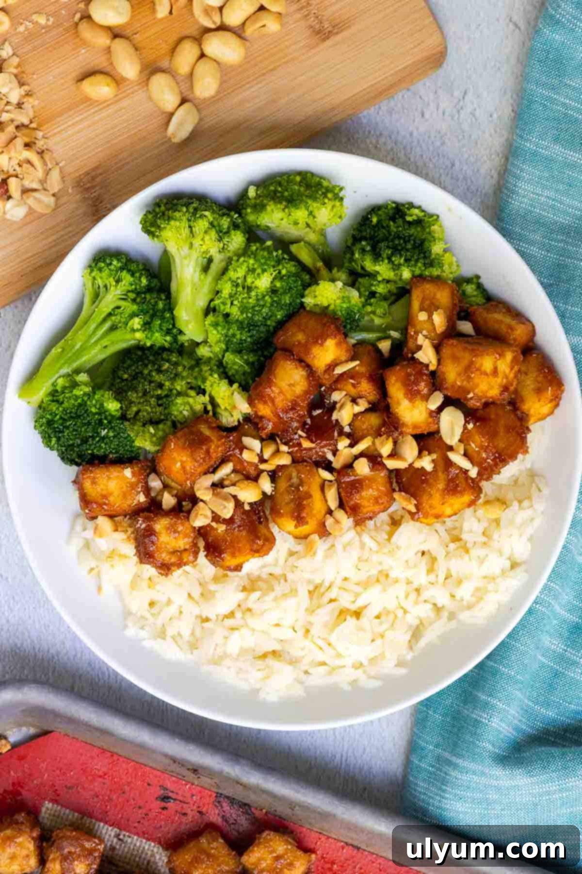 Peanut butter tofu served with rice and broccoli, garnished with fresh herbs.