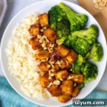 Peanut butter tofu served with rice and broccoli.