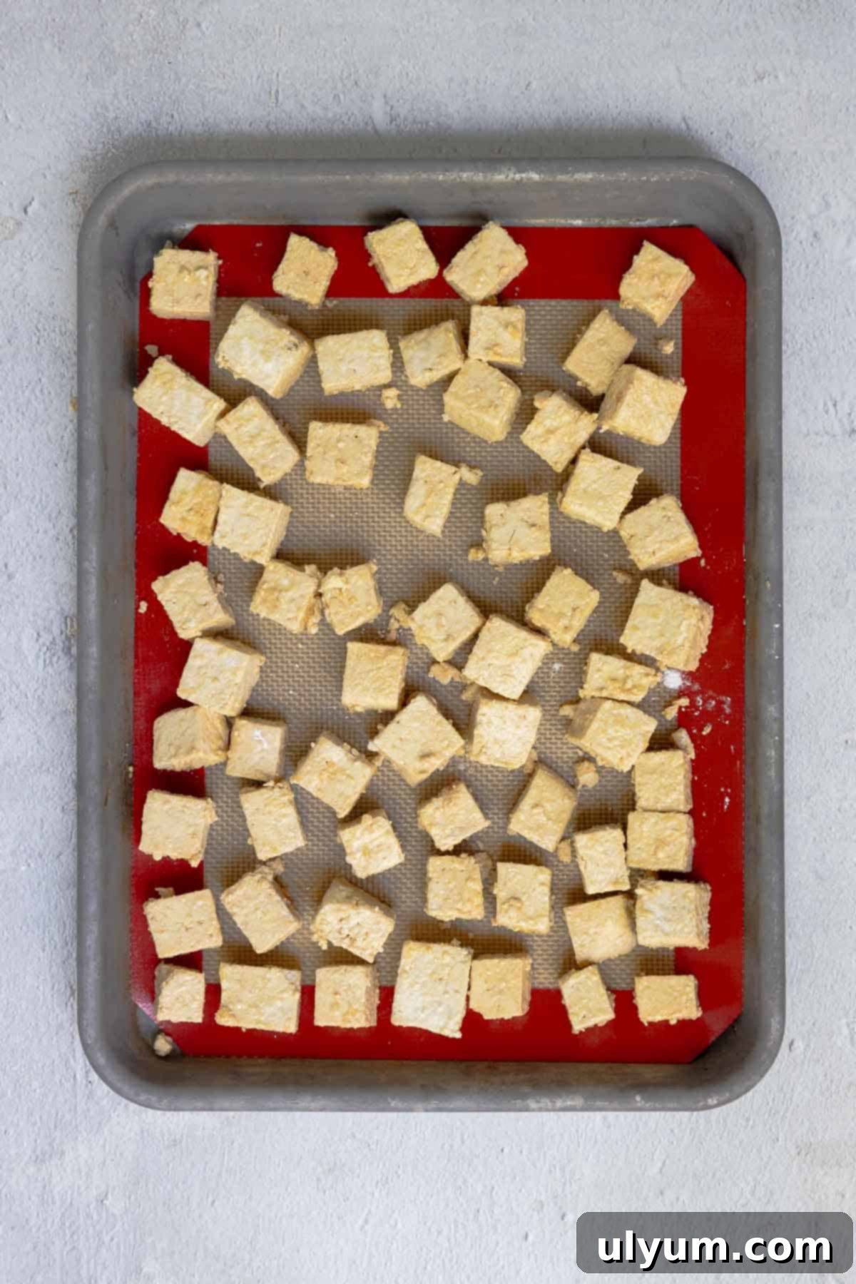 Cubed tofu arranged in a single, even layer on a lined baking sheet, ready for the oven.