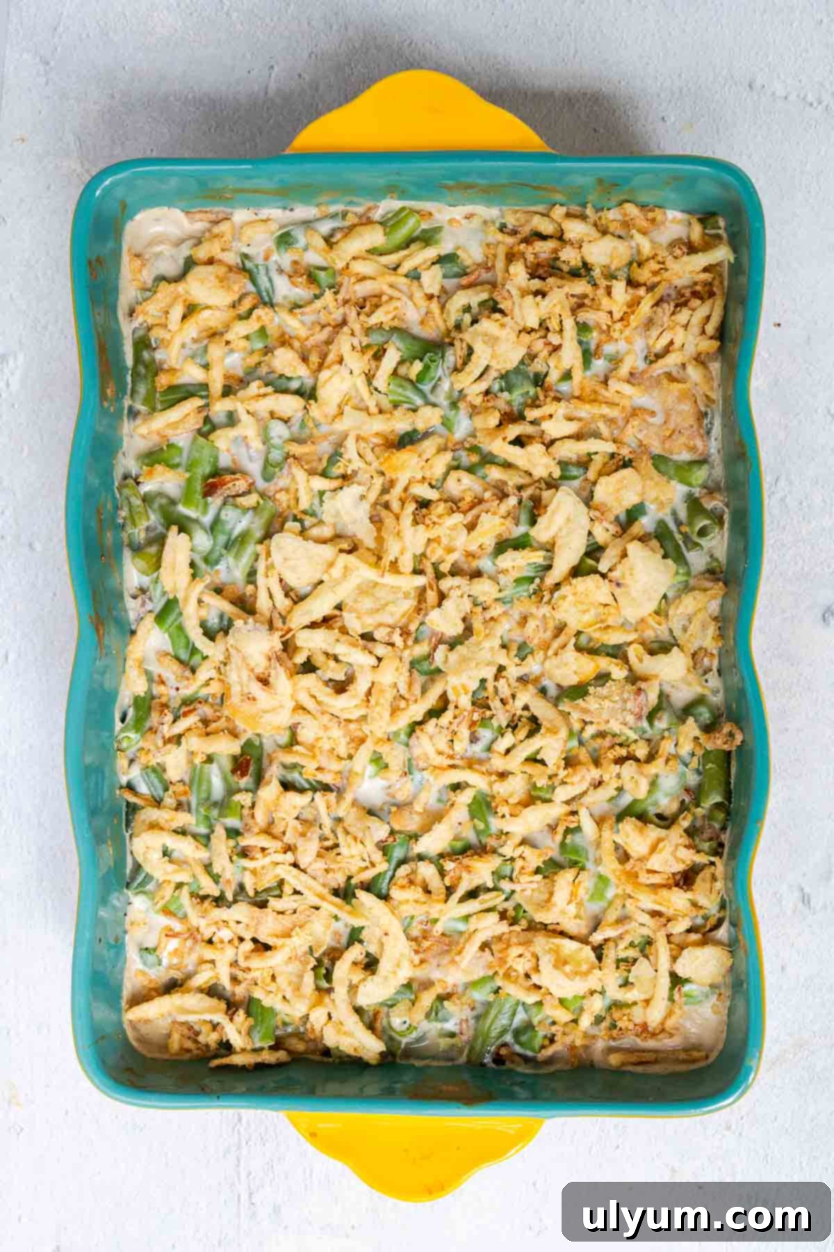Holiday-Sized Green Bean Casserole 6 The green bean mixture is topped with an even layer of crispy fried onions.