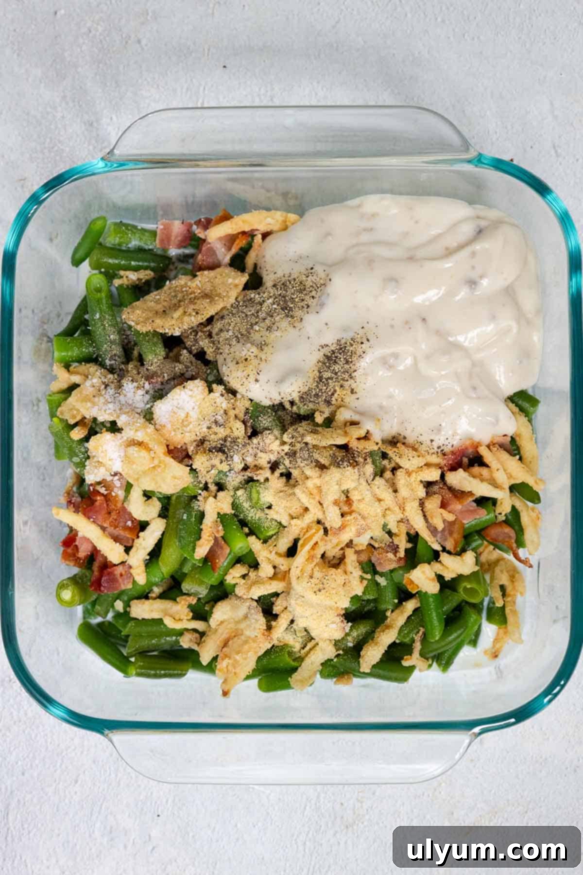 The filling ingredients are added directly to the 8 by 8 inch casserole dish.