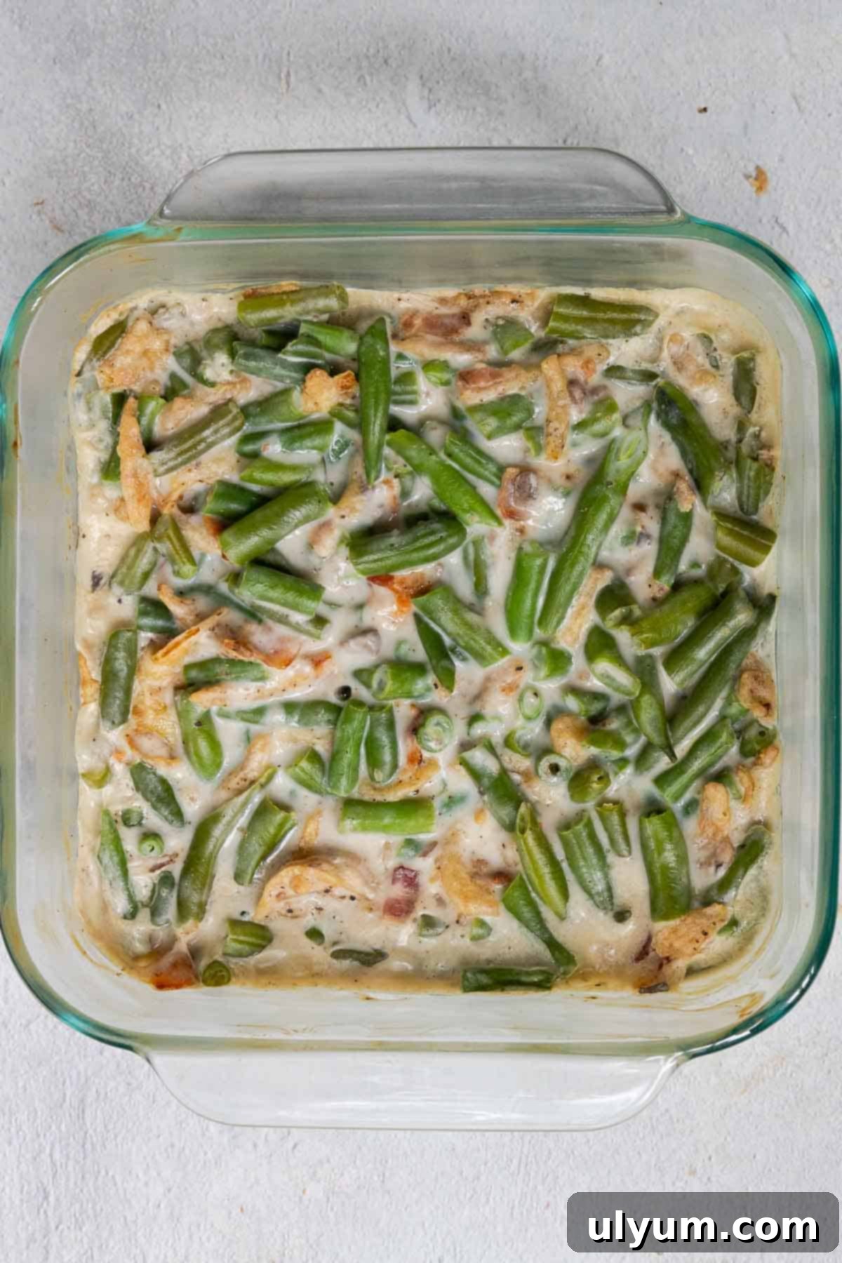 The green bean mixture is baked until bubbly.
