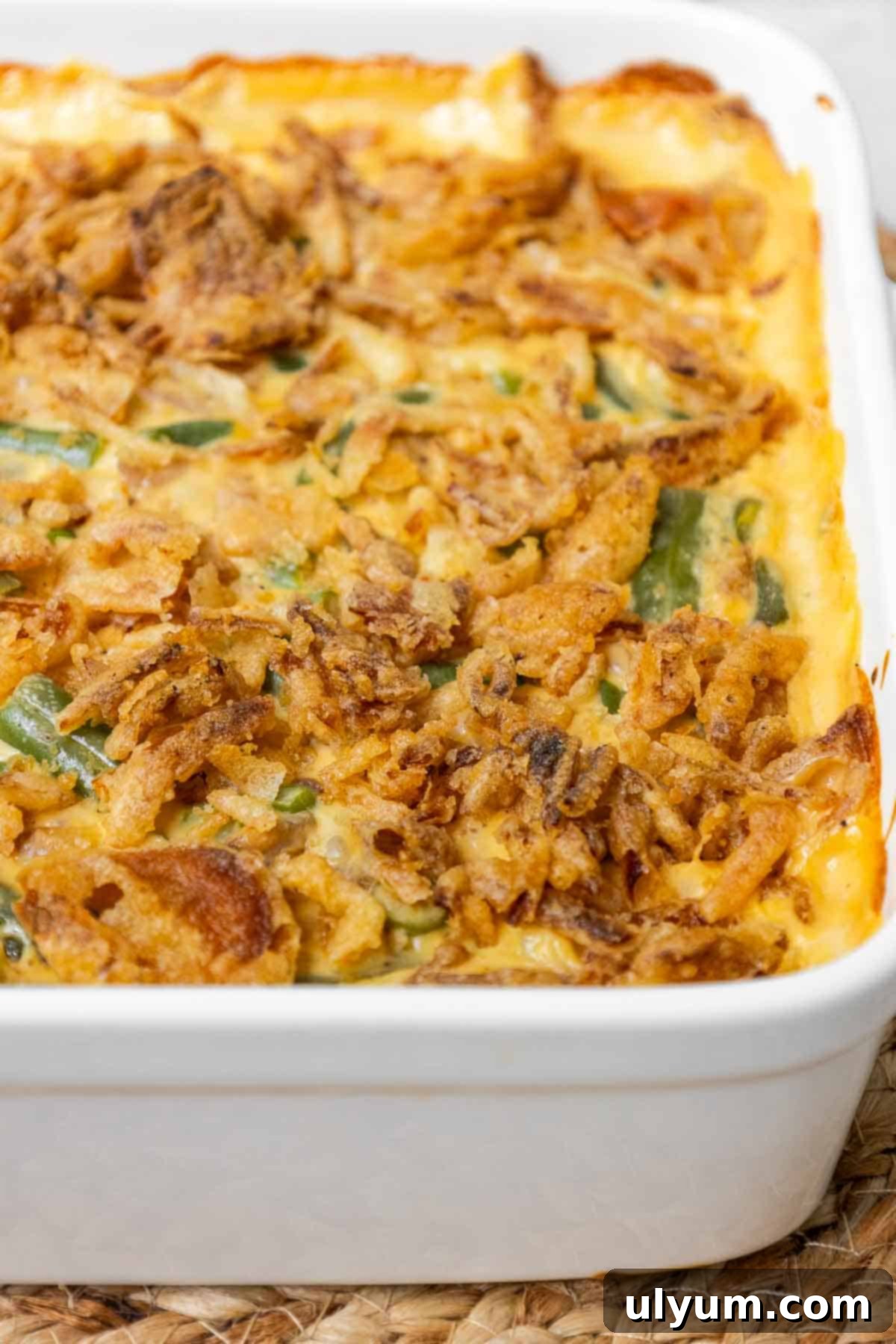 A perfectly baked Velveeta green bean casserole, golden brown and bubbly, ready to be served.