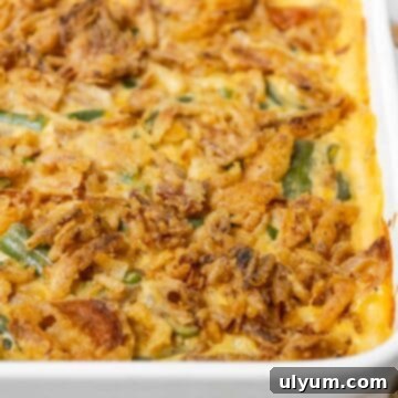 Velveeta green bean casserole, golden brown and cheesy.