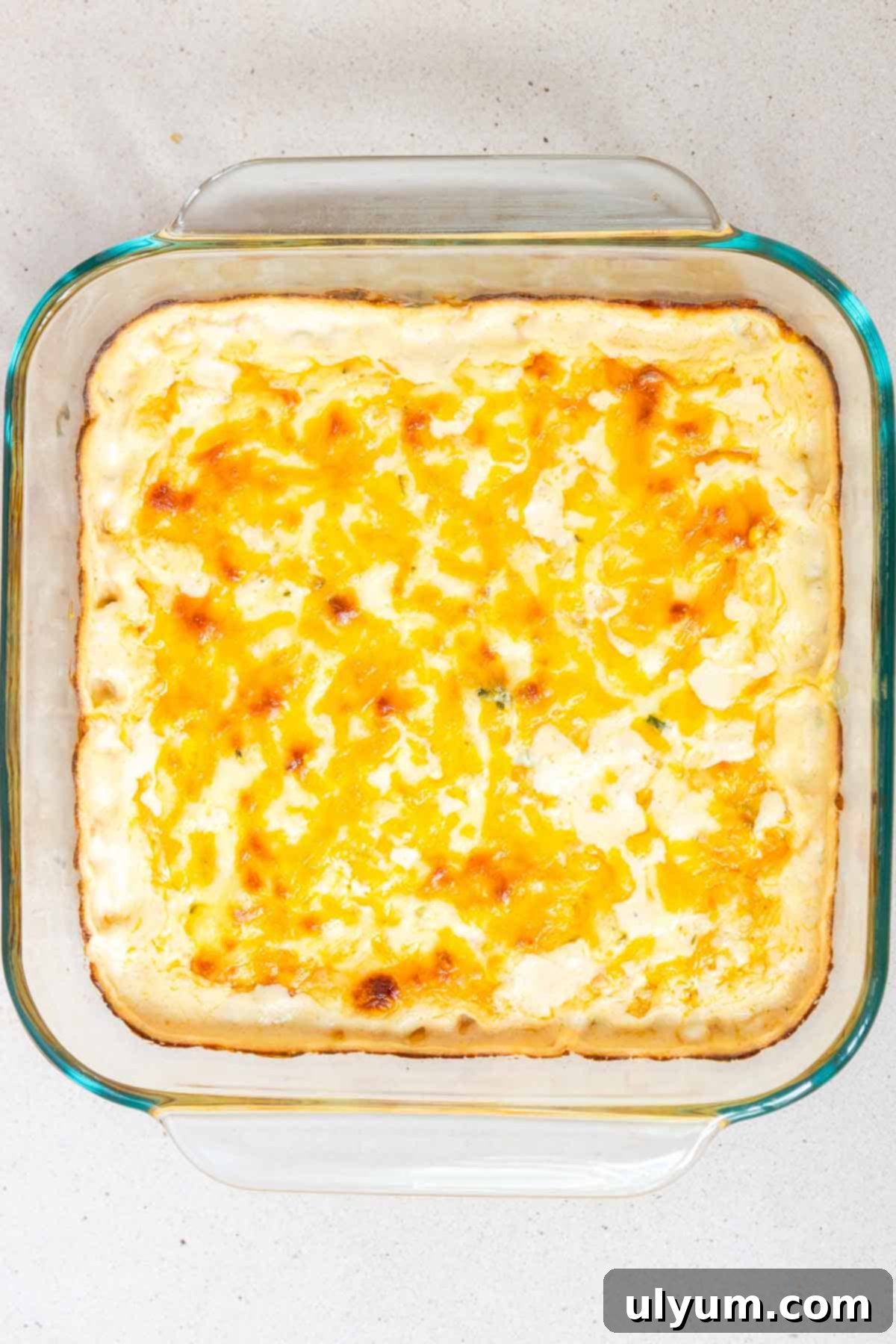 The Jalapeño Corn Casserole is baked until the cheese is golden and the casserole is bubbling.