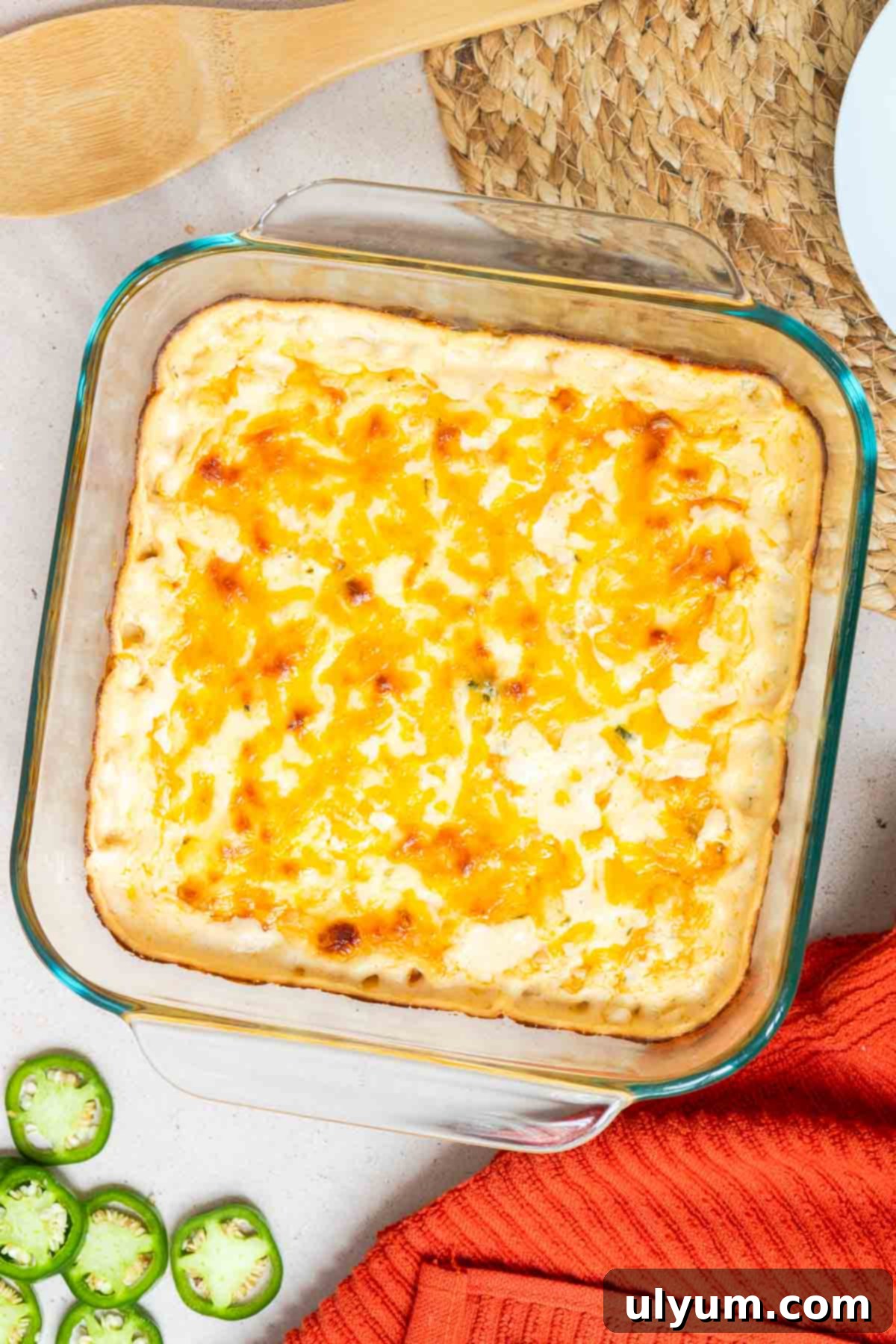Creamy Jalapeño Corn Casserole baked until the cheese on top is golden.